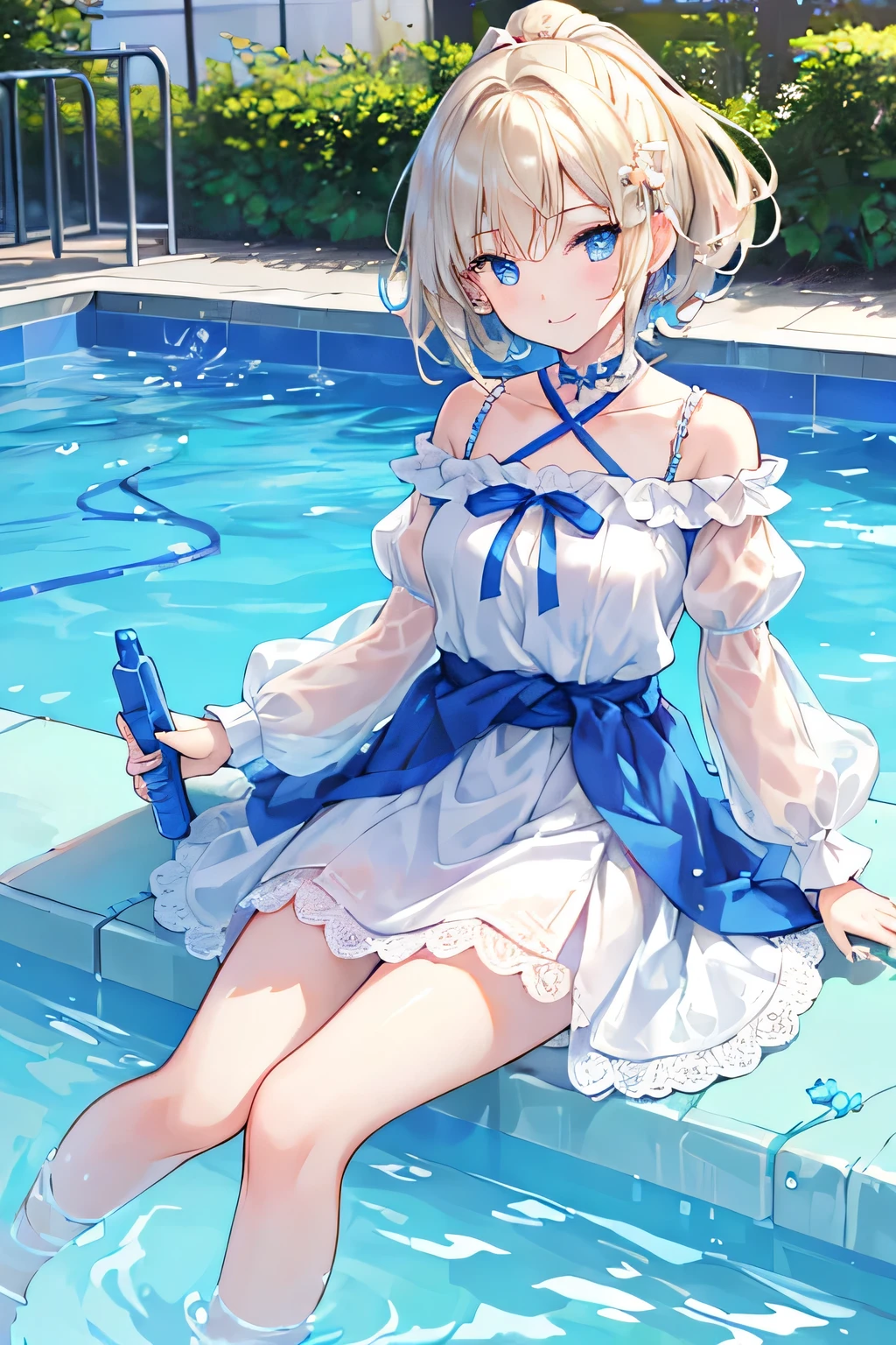 highest quality、High resolution、Detailed Background、(Beautiful face in every detail:1.4)、Anatomically correct、(Detailed facial expressions)、(Detailed eyes:1.2)、(Detailed eyes:1.2)、 beauty、(Highly detailed face:1.4)、Cute color hair color、ponytail、Bobcut、Cute hairstyle、well-groomed eyebrows、In a joking manner、A big smile、Cute gestures、Fit on one screen、Pools and other water play spots、
Splashing and floating in the water、Smiling and chatting with friends by the pool、
Children are happily swimming on swim rings and pool toys floating in the center of the pool.、
The splashes of water and bright expressions create a sense of vitality and fun.、
Stand on the edge of the pool and jump with your friends, holding hands、
It expresses the lightness of floating in the air and the sense of unity through smiles.、
sitting on the edge of the pool with feet in the water、
Her facial expression and the surrounding landscape convey a sense of relaxation and comfort in nature.、
Water gun and water balloon fights in the pool、By depicting scenes of splashes, smiles and friendship, we express memorable fun times.、Expressing a lively scene by depicting the transparency, brightness and joy of water、
A white dress with a knee-length flared skirt brings out your femininity.、
A ribbon or belt around the waist will make it even cuter.、
The white dress with lace design gives an elegant and sophisticated impression.、
Lace on the sleeves and chest will add a more glamorous touch.、
This white dress with a loose silhouette and natural texture is perfect for a bohemian style.、Floral prints and embroidery give off a refreshing summer vibe.、
This simple and sporty white mini dress is perfect for active teenage girls.、The casual design goes well with sneakers and sandals.、
A white dress with off-the-shoulder and frills will accentuate your femininity while also creating a cute look.、It also has the effect of making your shoulders and décolleté look beautiful.