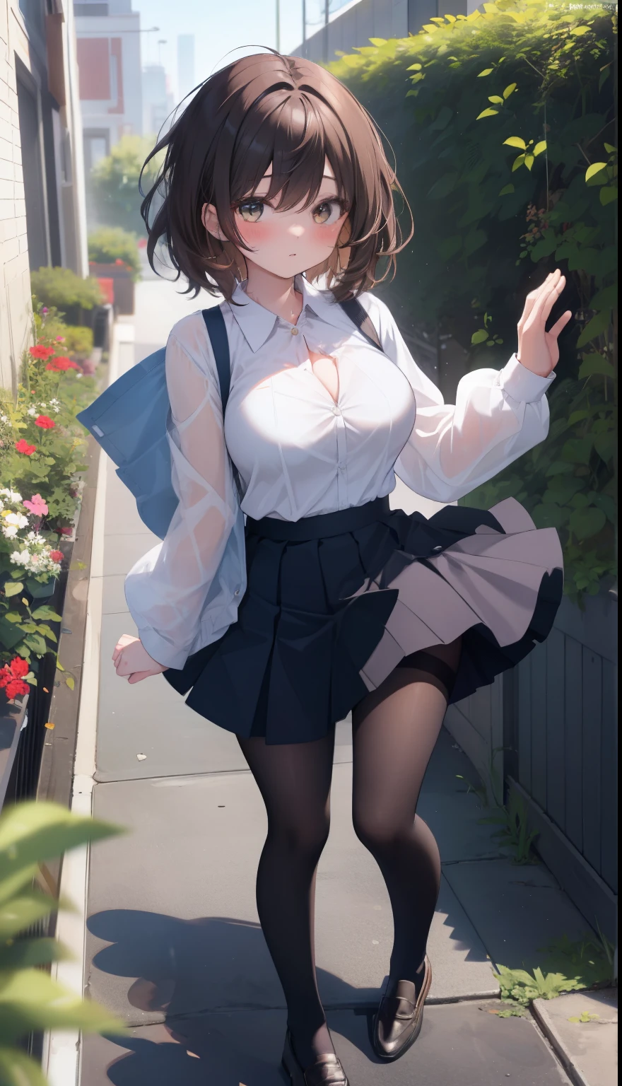 One Girl、Positive、From above、Full body portrait、Brown haired、Medium Haircut、blush、Absolute area、Knee socks、stockings、pantyhose、レースpantyhose、White underwear、Cleavage、Light blue cut shirt、Unbutton your shirt、Shirt buttons fly off、Navy blue checkered pleated skirt、Very short skirt、garden、Daytime、(Very big boobs)、((Full Body Lesbian))、masterpiece、(highest quality)、Panties around the ankles、loafers、The wind blows up my skirt