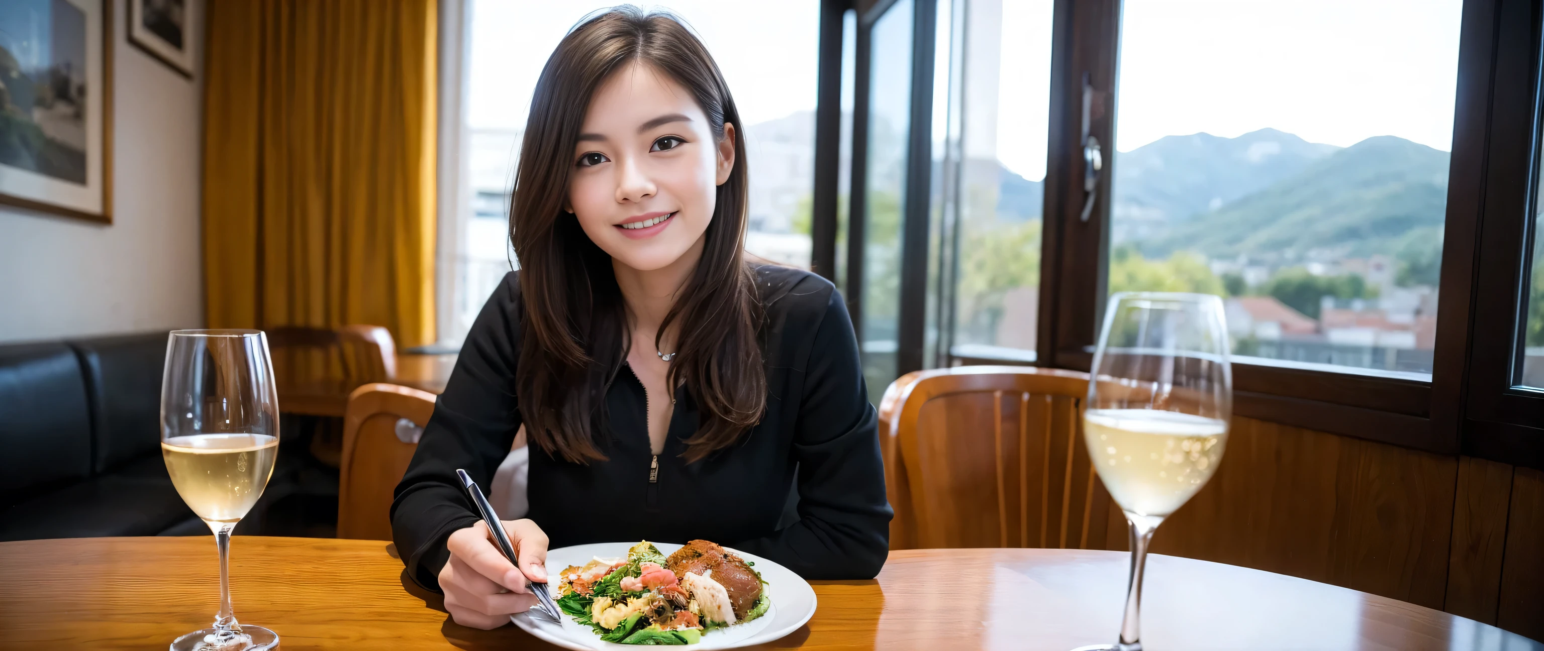 ((highest quality、8k、masterpiece:1.3))、Couple、couple、Lovers、Slim body、((Bob Hale、Straight hair:1.2))、(to be born, highest quality, masterpiece:1.5), (Realistic, Intricate details:1.2), Wine glass on the table、Shine light on your face、 Amazing view of the sunset sky and clouds、Amazing mountain views、A bright smile、A lovely woman with a smile、Bright image、2. The beauty of wine, Beautiful Face, blue eyes, The light shines on your face, Blushing, short hair,Bright Face、Fox face、 (43 years old), 39 years old, Lady、red wine 、Appetizers、Italian food、Wine bottle、Champagne、sparkling wine、Two beauties、Brown Hair、Shortcuts、Long sleeve shirt、dress、Pretty Woman 1, (Slim face), (The body is slim), (Brown Hair), (Shortcuts), cheeks turn a little red,Attractive beauty、, Out of the window, A beautiful and detailed night view unfolds.........., restaurant, In a prominent place (From the waist up) Nova Frog Style, actress, model, Upper Body, White wine, slim, wine glass, A wine glass placed in the middle, smile, (smile: 1.15), Beautiful fine grain, Depth f/2,saturation, High Contrast, Strong light and shadow,Moist Body:1.5、3D texture、Delicate eyes、Brown Hair、The hair is very shiny、