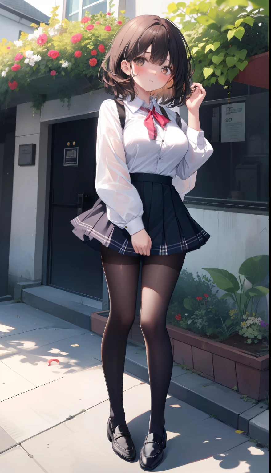 One Girl、Positive、From above、Full body portrait、Brown haired、Medium Haircut、blush、Absolute area、Knee socks、stockings、pantyhose、レースpantyhose、White underwear、Cleavage、Light blue cut shirt、Unbutton your shirt、Shirt buttons fly off、Navy blue checkered pleated skirt、Very short skirt、garden、Daytime、(Very big boobs)、((Full Body Lesbian))、masterpiece、(highest quality)、Panties around the ankles、loafers、The wind blows up my skirt