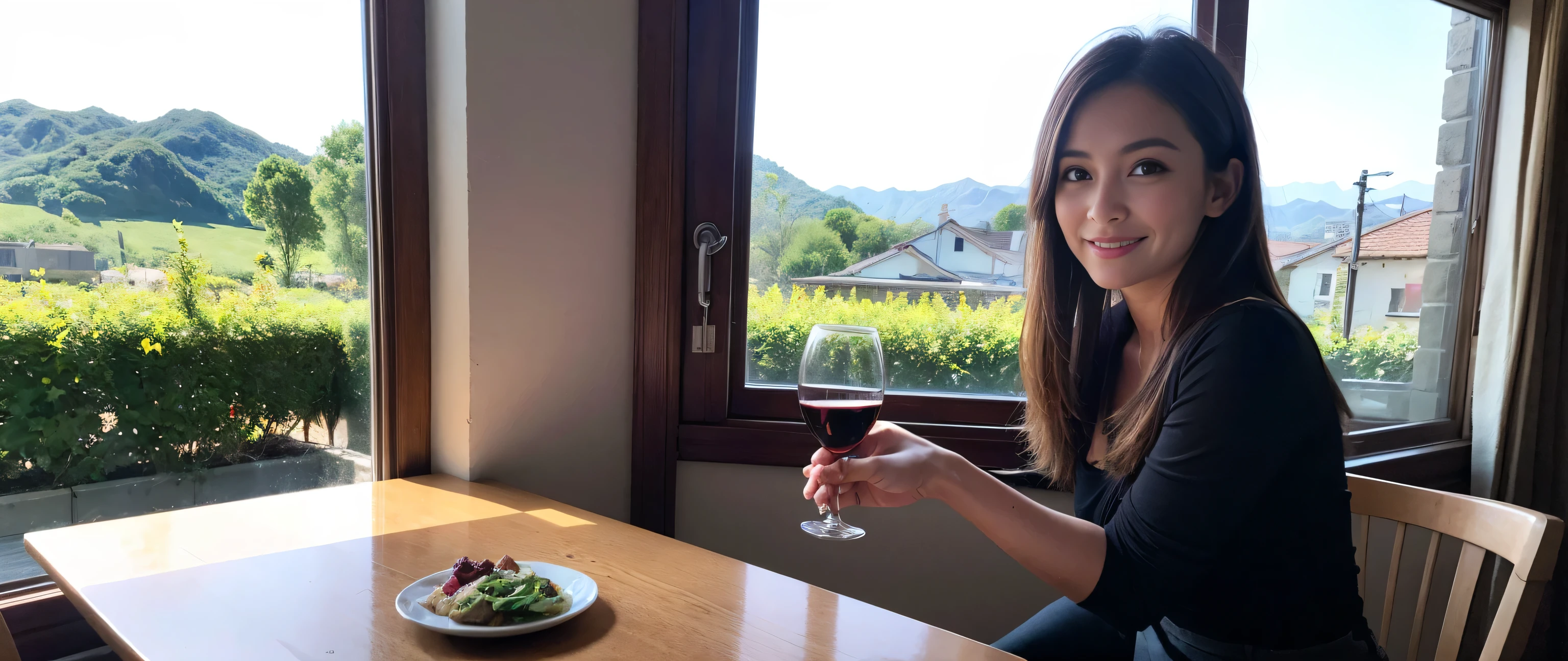 ((highest quality、8k、masterpiece:1.3))、Couple、couple、Lovers、Slim body、((Bob Hale、Straight hair:1.2))、(to be born, highest quality, masterpiece:1.5), (Realistic, Intricate details:1.2), Wine glass on the table、Shine light on your face、 Amazing view of the sunset sky and clouds、Amazing mountain views、A bright smile、A lovely woman with a smile、Bright image、2. The beauty of wine, Beautiful Face, blue eyes, The light shines on your face, Blushing, short hair,Bright Face、Fox face、 (43 years old), 39 years old, Lady、red wine 、Appetizers、Italian food、Wine bottle、Champagne、sparkling wine、Two beauties、Brown Hair、Shortcuts、Long sleeve shirt、dress、Pretty Woman 1, (Slim face), (The body is slim), (Brown Hair), (Shortcuts), cheeks turn a little red,Attractive beauty、, Out of the window, A beautiful and detailed night view unfolds.........., restaurant, In a prominent place (From the waist up) Nova Frog Style, actress, model, Upper Body, White wine, slim, wine glass, A wine glass placed in the middle, smile, (smile: 1.15), Beautiful fine grain, Depth f/2,saturation, High Contrast, Strong light and shadow,Moist Body:1.5、3D texture、Delicate eyes、Brown Hair、The hair is very shiny、