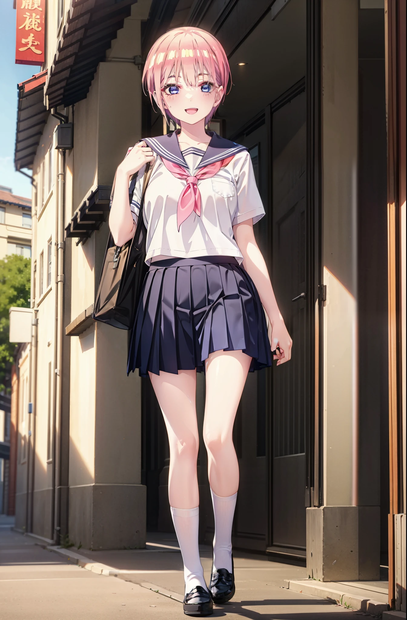 ichikanakano, ichika nakano, short hair, bangs, blue eyes, Hair between the eyes, Pink Hair, smile,happy smile, smile, Open your mouth,Big Breasts,Japanese schoolgirl(Red Sailor Suit),Short sleeve,Black pleated skirt,White knee socks,Brown Loafers,evening,Sunset,The sun is setting,sunny,whole bodyがイラストが入るように,Looking up from below,Walking,
break outdoors, In town,Building district,
break looking at viewer, whole body,
break (masterpiece:1.2), highest quality, High resolution, unity 8k wallpaper, (shape:0.8), (Beautiful details:1.6), Highly detailed face, Perfect lighting, Highly detailed CG, (Perfect hands, Perfect Anatomy),