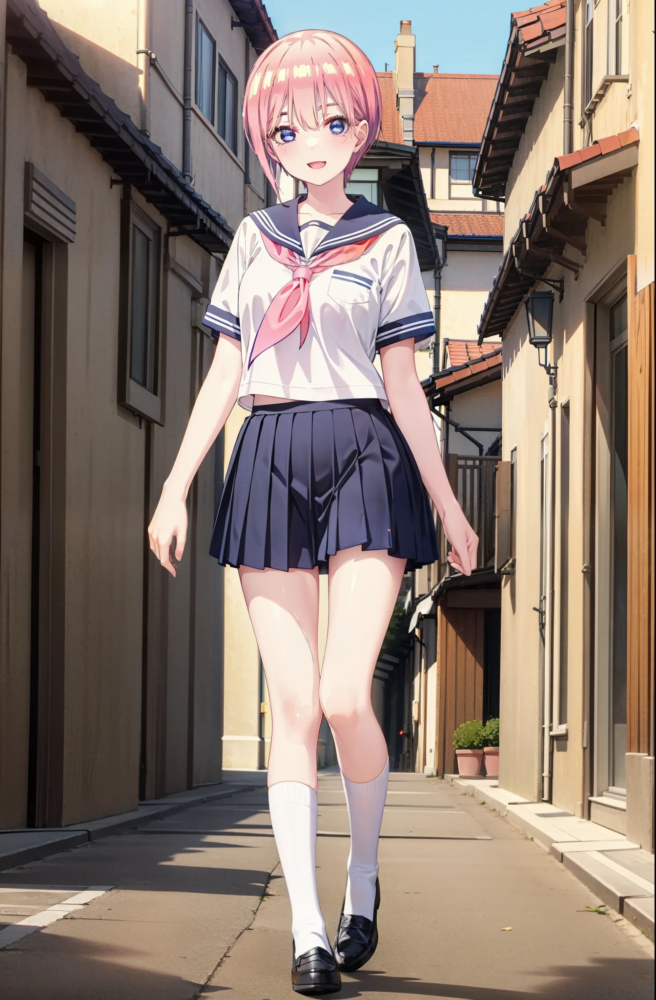 ichikanakano, ichika nakano, short hair, bangs, blue eyes, Hair between the eyes, Pink Hair, smile,happy smile, smile, Open your mouth,Big Breasts,Japanese schoolgirl(Red Sailor Suit),Short sleeve,Black pleated skirt,White knee socks,Brown Loafers,evening,Sunset,The sun is setting,sunny,whole bodyがイラストが入るように,Looking up from below,Walking,
break outdoors, In town,Building district,
break looking at viewer, whole body,
break (masterpiece:1.2), highest quality, High resolution, unity 8k wallpaper, (shape:0.8), (Beautiful details:1.6), Highly detailed face, Perfect lighting, Highly detailed CG, (Perfect hands, Perfect Anatomy),