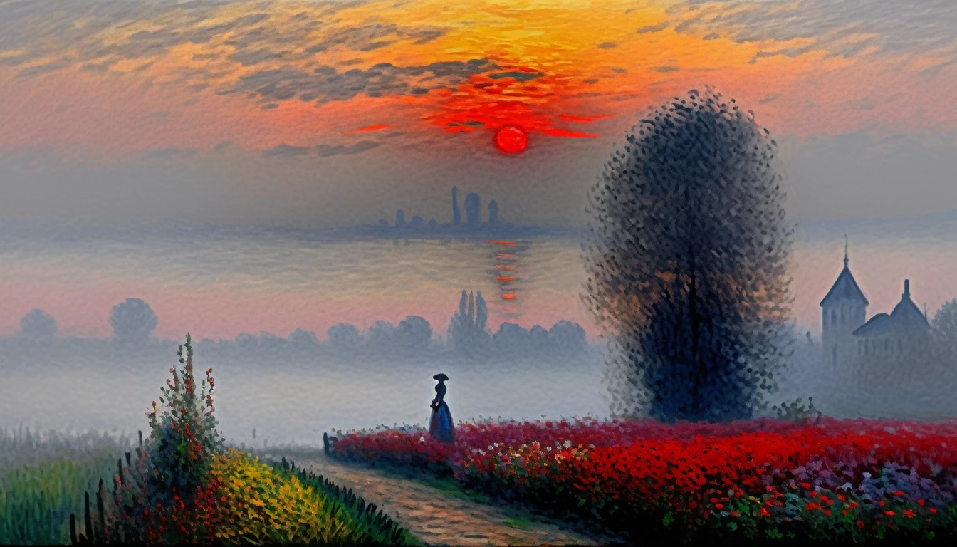 [[(fog earl morgen : young beauty flored garden , away dark time tower on gray fog, crimson shadow)((Claude Monet style!!!))])):20]/[background: landscape Renaissance, impressionism and expressionism, old canva, (silver fog sunset), ((landscape style Claude Monet:1,6))]/[very colorful,((oil painting palette knife))((masterpiece)),((highest detail))]]