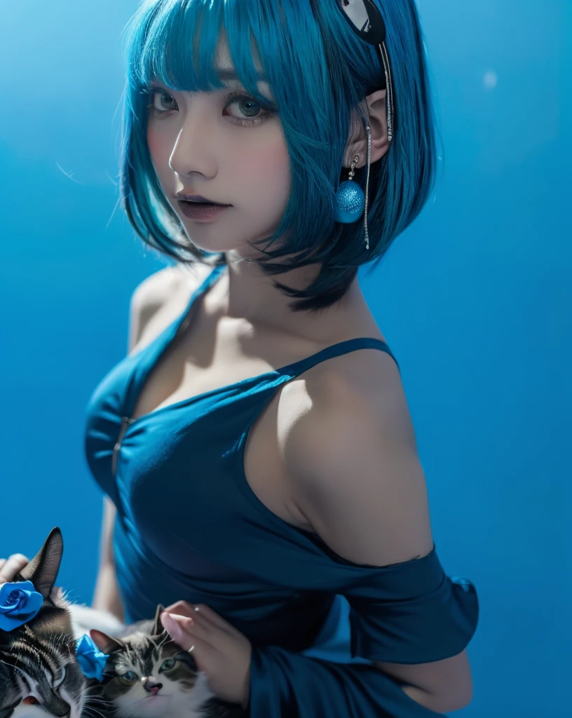 (Emo art:1.6)masterpiece, 4K, Bokeh, Beautiful Face, (Multiple Girls:1.4), Harem, (Group photo:1.2), (Cat ear:1.3), (blue medium bob hair:1.4), (Blue Theme:1.6), Looking at the audience, (Blue rose:1.4), (Blue cafe background:1.5), (Upper Body Shot:1.4)