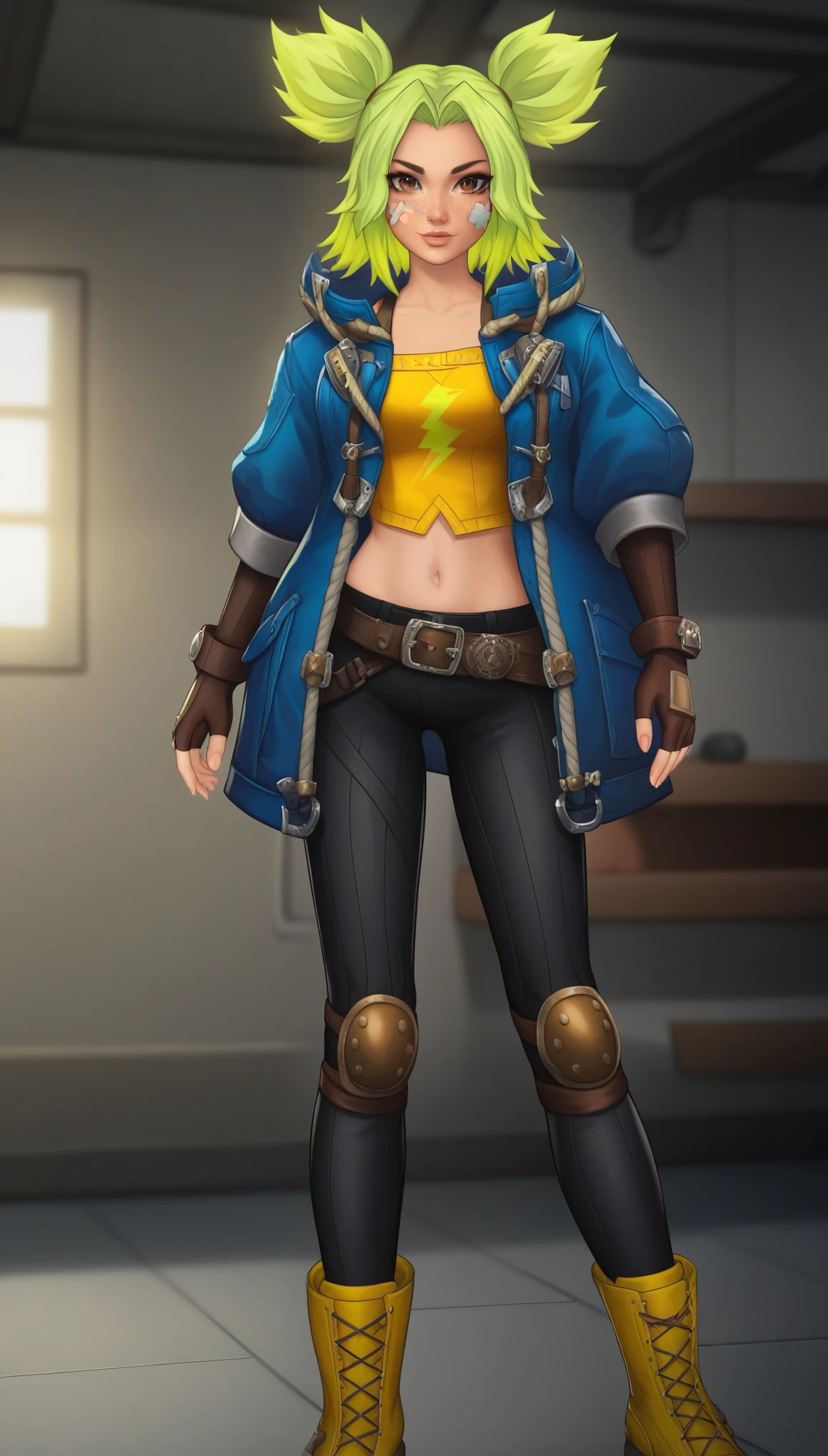 ZeriLoLXL, brown eyes, green hair, twintails, sidelocks, freckles, bandaid on face, medium breasts, blue jacket, open jacket, yellow midriff, gloves, fingerless gloves, black pants, belt, knee pads, boots, solo, standing, looking at viewer, indoors