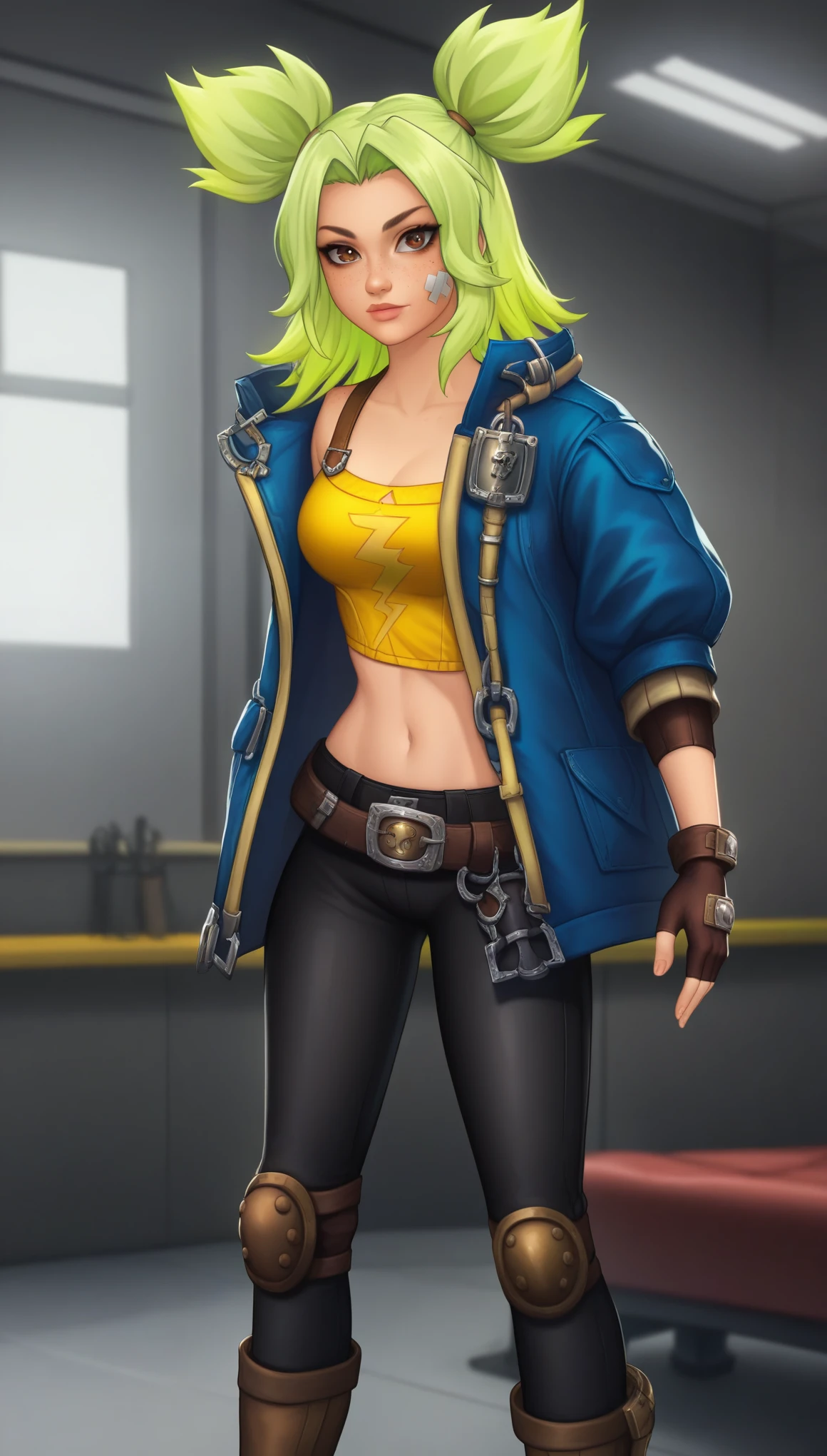 ZeriLoLXL, brown eyes, green hair, twintails, sidelocks, freckles, bandaid on face, medium breasts, blue jacket, open jacket, yellow midriff, gloves, fingerless gloves, black pants, belt, knee pads, boots, solo, standing, looking at viewer, indoors