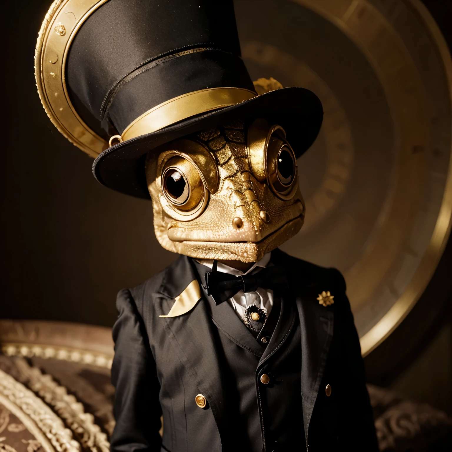 Small gold kobold in a three-piece suit has a monocle and a large top hat