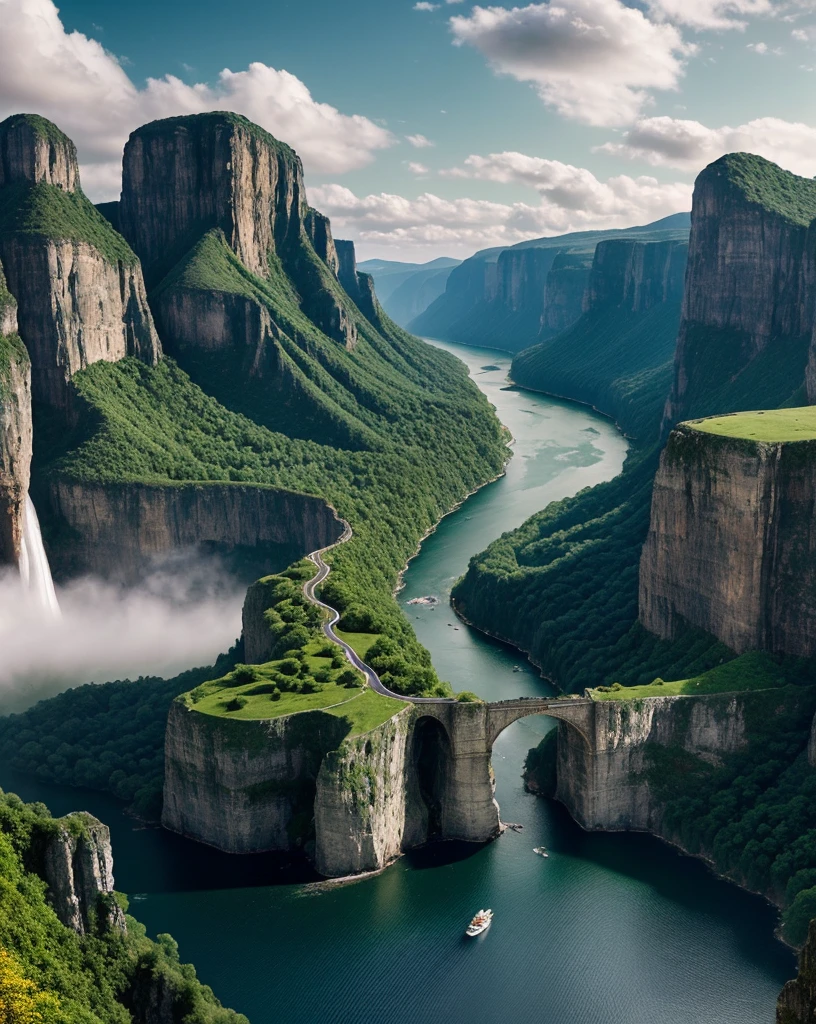 Masterpiece, ultimate quality, Cg unity 8k wallpaper, super delicate, beautiful sky and clouds, rich natural scenery, cliffs, lakes and rivers, waterfalls and flying water, beautiful green mountains, no trace of people, excellent scenery, has already won a photo contest, background Blurring, full depth of field, HDR high dynamics, true restoration, intricate, extreme details, dramatic presentation, perfectly presenting the style of midjourney art.