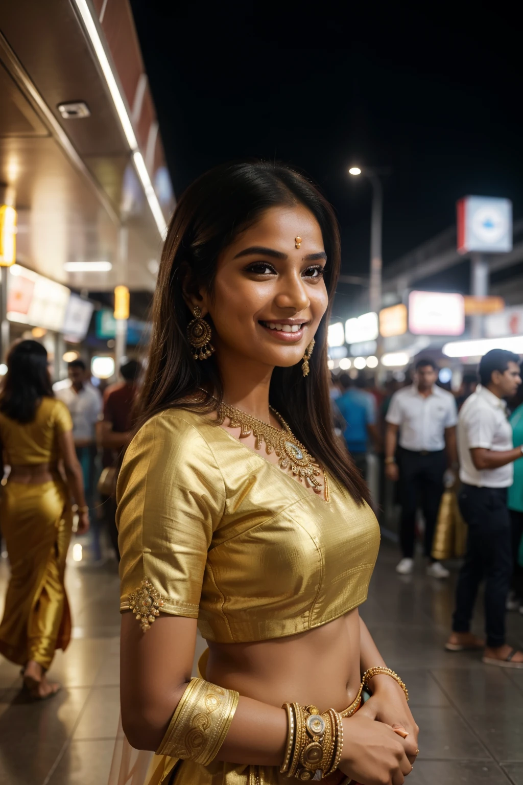 (Best quality, Ultra High-Definition, 2024 Trends, Masterpiece: 1.2), Stunning Indian Woman, Futuristic Outfit, Little India MRT Station, Vibrant Atmosphere, Bustling Crowd, Colorful Decorations, Traditional Indian Architecture, Modern Fusion Style, Elegant Attire with High-tech Elements, Detailed Fabrics,Intricate details, Golden Ratio, Masterpiece: 1.2, Evening Lighting: 0.8, Close-up Shot of the Woman, (Smiling: 1.2), (Showing Teeth: 0.6), Glowing Sk