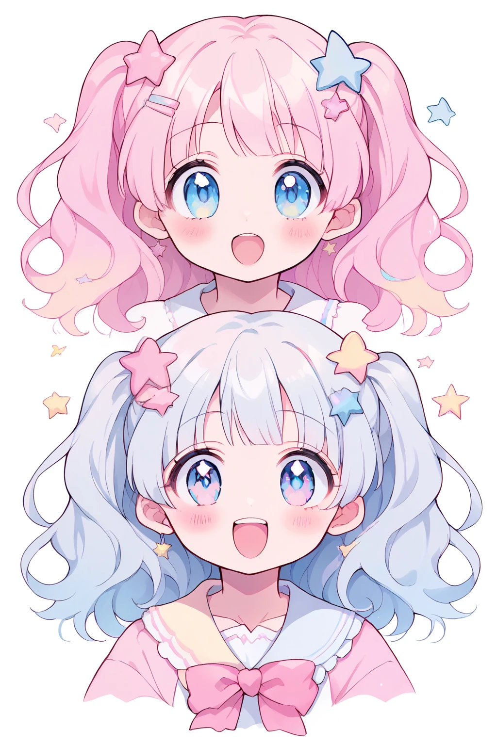 neondskdrmsxl, score_9_climb, score_8_climb, score_7_climb, score_6_climb, 2 girls, alone, pastel colors, open mouth, long hair, star , (mark), star hair accessories, hair accessories, Twintail, look at viewer, blue eyes, pastel neon lighting, source_anime, neon, neon theme , white background Edge distance, beautiful, cute, anime, 2 cute girls