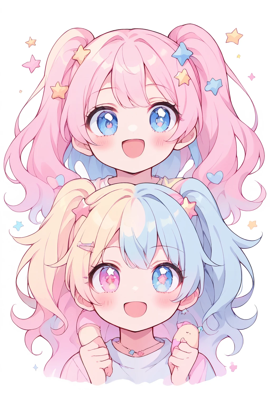 neondskdrmsxl, score_9_climb, score_8_climb, score_7_climb, score_6_climb, 2 girls, alone, pastel colors, open mouth, long hair, star , (mark), star hair accessories, hair accessories, Twintail, look at viewer, blue eyes, pastel neon lighting, source_anime, neon, neon theme , white background Edge distance, beautiful, cute, anime, 2 cute girls