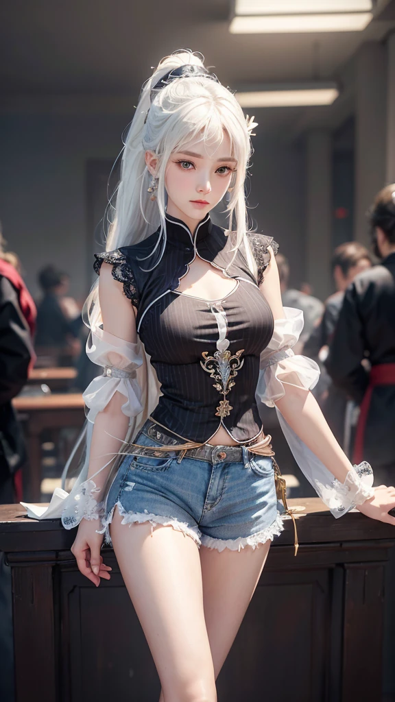 a white hair、Close-up of woman wearing white mask, beautiful figure painting, guweiz, Gu Weisz style artwork, White-haired god, author:Yang Jie, Epic and beautiful character art, Stunning character art, author:Fan Qi, by Wuzhun Shifan, guweiz on pixiv artstation street, Single ponytail, ??????, High Ponytail, Tall stature, Long legs, (sleeveless lace shirt), (shorts), (Striped )), ((Striped )), Walk, elegant, dignified, Feminine, Beautiful curves, sweet smile, Strong sense of detail and layering, color丰富绚丽, Has a unique texture, rich and colorful, color, vivid, Design Art, 16K, Super detailed, {{illustration}}, {extremely delicate and beautiful}, {Delicate finish}, Super detailed, Delicate and shining eyes, {{light}}, 极致light效果, Model: realism, CFG scale: 12, Lola: Bright texture (1.35), high quality, masterpiece, Exquisite facial features, Delicate hair depiction, Detailed depiction of eyes, masterpiece, best quality, Ray Tracing, Extremely detailed CG unified 8k wallpaper, masterpiece, best quality, (1 girl), Perfect female body, (((Skinny white T-shirt))), beautiful eyes, (Delicate face), Black short hair, hair tied up, Light blue hairpin, Black Silk Frame Glasses, In class, (White skin), (Optimal lighting), (Super intricate details), 4k unity, (Super detailed CG), Showing off her white legs, , Hot Pants, shorts,