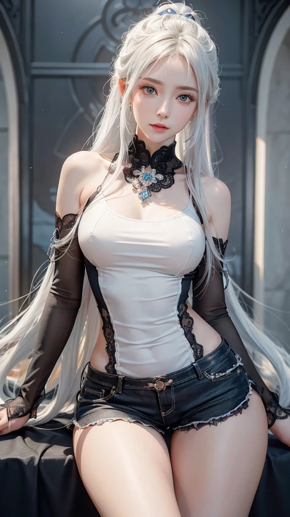 a white hair、Close-up of woman wearing white mask, beautiful figure painting, guweiz, Gu Weisz style artwork, White-haired god, author:Yang Jie, Epic and beautiful character art, Stunning character art, author:Fan Qi, by Wuzhun Shifan, guweiz on pixiv artstation street, Single ponytail, Insult, High Ponytail, Tall stature, Long legs, (sleeveless lace shirt), (shorts), (Striped )), ((Striped )), Walk, elegant, dignified, Feminine, Beautiful curves, sweet smile, Strong sense of detail and layering, color丰富绚丽, Has a unique texture, rich and colorful, color, vivid, Design Art, 16K, Super detailed, {{illustration}}, {extremely delicate and beautiful}, {Delicate finish}, Super detailed, Delicate and shining eyes, {{light}}, 极致light效果, Model: realism, CFG scale: 12, Lola: Bright texture (1.35), high quality, masterpiece, Exquisite facial features, Delicate hair depiction, Detailed depiction of eyes, masterpiece, best quality, Ray Tracing, Extremely detailed CG unified 8k wallpaper, masterpiece, best quality, (1 girl), Perfect female body, (((Skinny white T-shirt))), beautiful eyes, (Delicate face), Black short hair, hair tied up, Light blue hairpin, Black Silk Frame Glasses, In class, (White skin), (Optimal lighting), (Super intricate details), 4k unity, (Super detailed CG), Showing off her white legs, , Hot Pants, shorts,