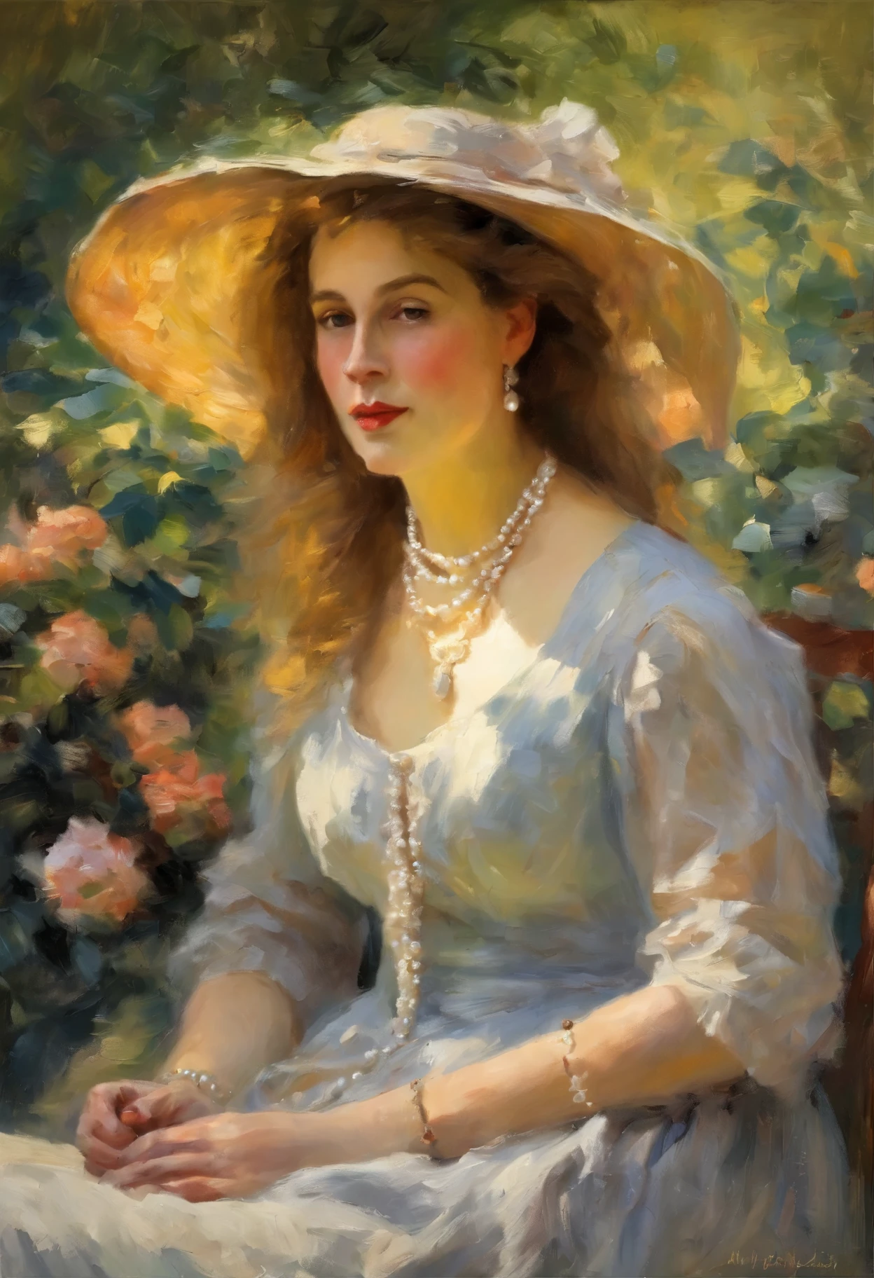 Claude Monet style,lady,Silk Dress,Pearl necklace,Classic hair accessories,Garden Background,Sunlight Dappled,Soft light and shadow,Fine details,Elegance
