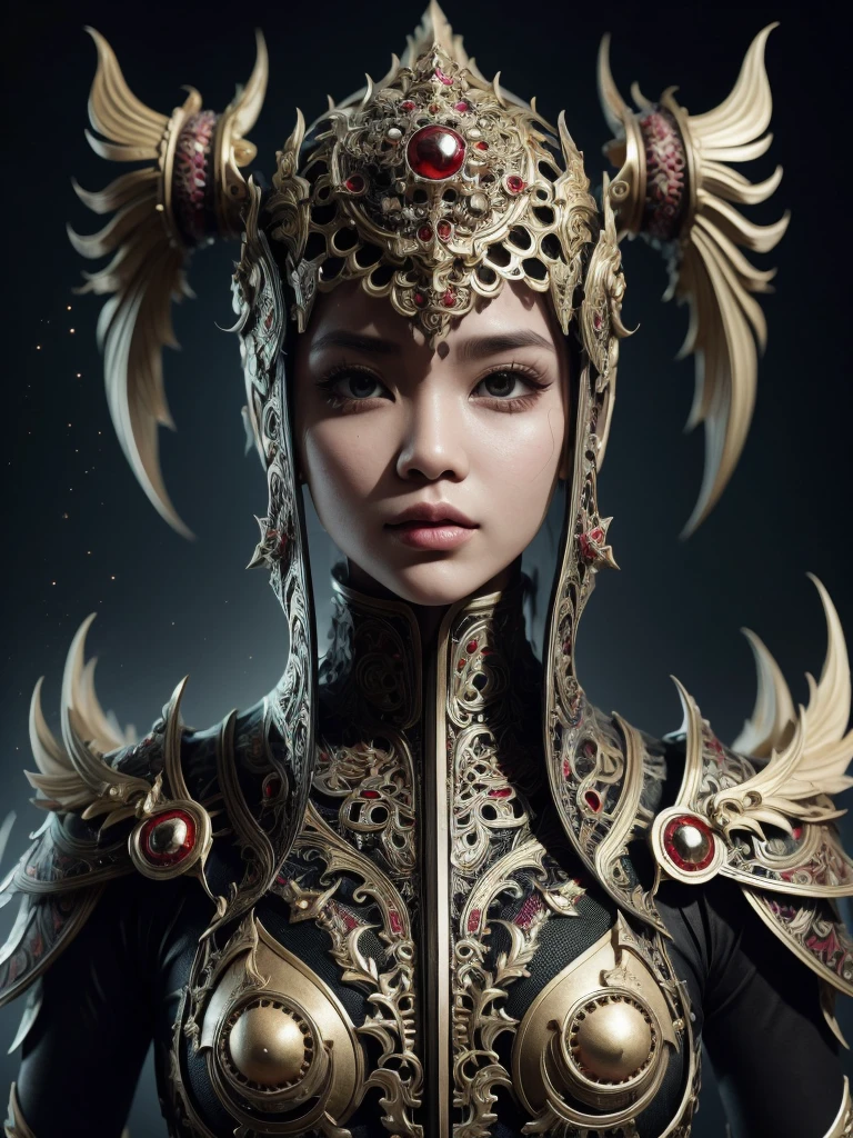 A girl wearing an Indonesian-style futuristic outfit,It embodies cultural integration and modern fashion. The suit is decorated with intricate patterns and bright colors, Showcasing Indonesia’s rich cultural heritage. The girl stood confidently,Strike a dynamic pose, Her meticulous eyes reflect determination and curiosity. The material of this suit is a combination of traditional textiles and future synthetic fibers, Giving it a unique and edgy look. Overall image quality is of the highest standard, Sharp focus,Detail rendering. This artwork uses physically based rendering techniques, Produces realistic lighting and shadows. Bright colors, Capturing the essence of Indonesian cultural aesthetics. The background combines modern architecture and traditional elements, Creating a fusion of the past and the future. The theme explores the intersection of Indonesian culture, Futuristic design, And the artistic image of a confident girl