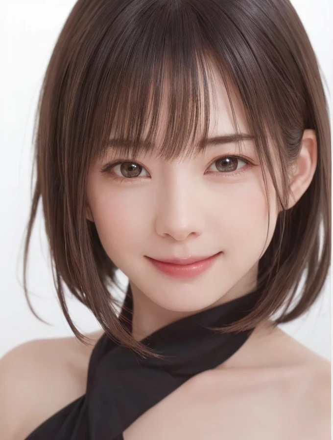 1 girl, alone, Shiny skin, chest, very detaileded, ultra detaileded, Ultra-high resolution, whole body, (Photorealism:1.4), (highest quality), (Best Shadow), Ulzzang-6500, detailed, Perfect lighting, Black Hair, ((Showpiece, highest quality, High precision)), One Girl, (big chest, Realistic: 1.4), (look up at the camera even a little, カメラをlook up, look up, look up at the camera, Looking into the camera))), alone, , White Background, snow-White Background, shut up., smile, pretty Black Hair, short hair, Big eyes, Transparent double eyelids, eyelash, listen, Long neck, Long neck, Absolute area, ((Face close-up, short hair with bangs)), 19 years old, Attractive proportions, Shiny skin, Beautiful clavicle, Golden ratio face, Perfect Face, Teardrop-shaped mole, chestのほくろ, bangs, clean bangs, beautiful bangs, Lip gloss, Thin lips, White skin, I took off my clothes, big chest, Small face, Small face, 少し上を向いてLooking into the camera, ((smile a little for the camera, really nothing pure White Background, very big big chest, big chest))