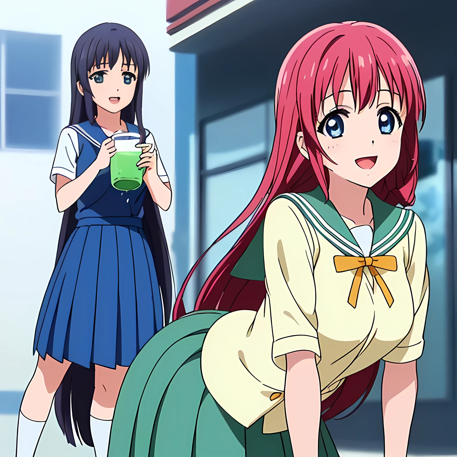 highest quality, (masterpiece:1.2), Very detailed, Game CG, ((((Very beautiful school uniform１A girl is bending over and drinking water)))), ((The girl everyone loves)), (((Very beautiful pink hair))), ((((Yellow sailor suit)))), ((Sailor uniforms have blue lines)), ((Dark navy blue checked long skirt)), ((((Very beautiful and shining eyes)))), ((Very long eyelashes)), A big red ribbon on the chest, ((An elegant expression like a noble princess)), (((Beautiful and great smile))), Small face and great posture, ((Give the viewer a heavenly feeling of happiness)), (((Blur the background))), ((A very compassionate face)), ((Anime heroine smiling and open mouth)), ((Slender and shapely breasts)), ((park drinking fountain)), ((Shooting from the side))