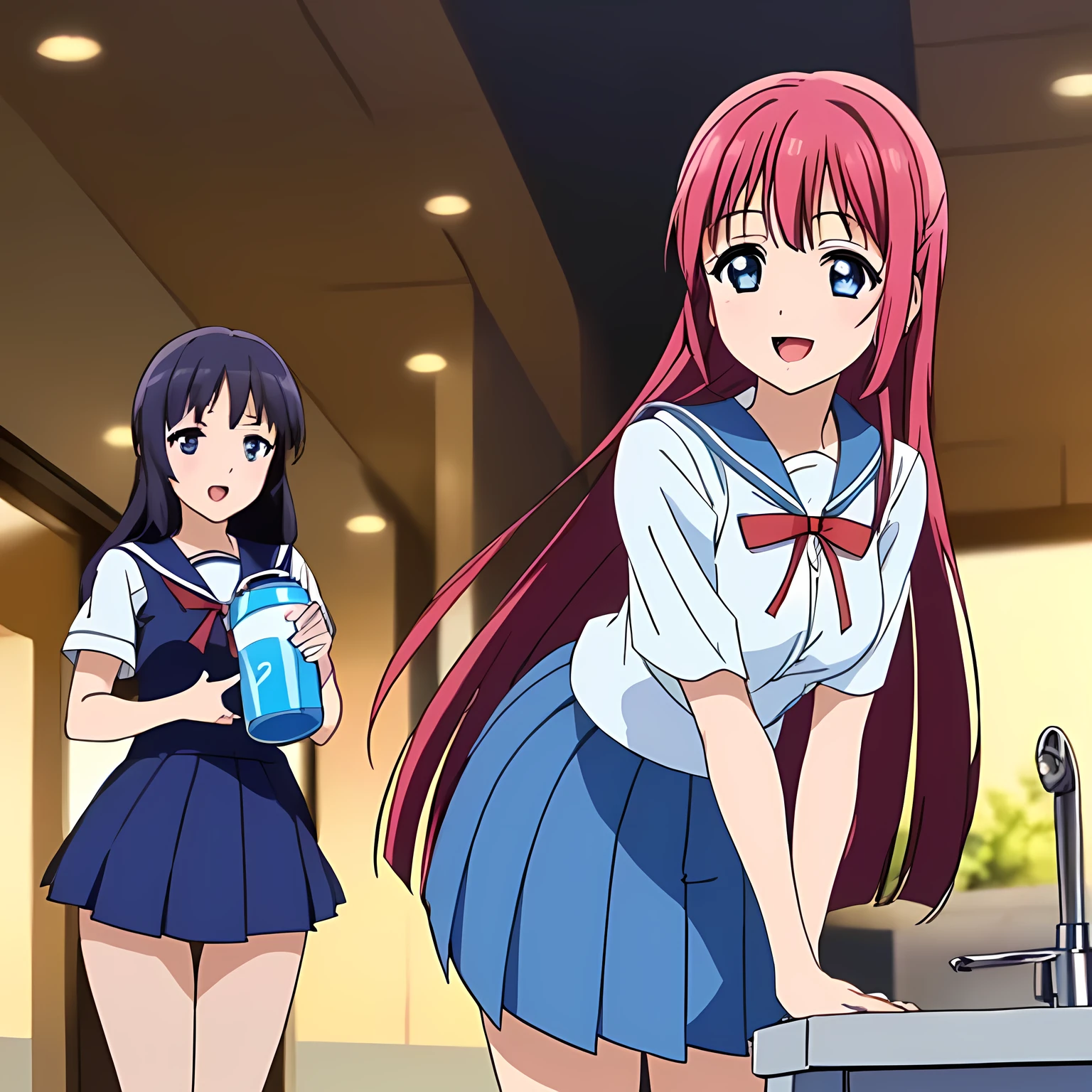 highest quality, (masterpiece:1.2), Very detailed, Game CG, ((((Very beautiful school uniform1A girl is bending over and drinking water)))), ((The girl everyone loves)), (((Very beautiful pink hair))), ((((Yellow sailor suit)))), ((Sailor uniforms have blue lines)), ((Dark navy blue checked long skirt)), ((((Very beautiful and shining eyes)))), ((Very long eyelashes)), A big red ribbon on the chest, ((An elegant expression like a noble princess)), (((Beautiful and great smile))), Small face and great posture, ((Give the viewer a heavenly feeling of happiness)), (((Blur the background))), ((A very compassionate face)), ((Anime heroine smiling and open mouth)), ((Slender and shapely breasts)), ((park drinking fountain)), ((Shooting from the side))
