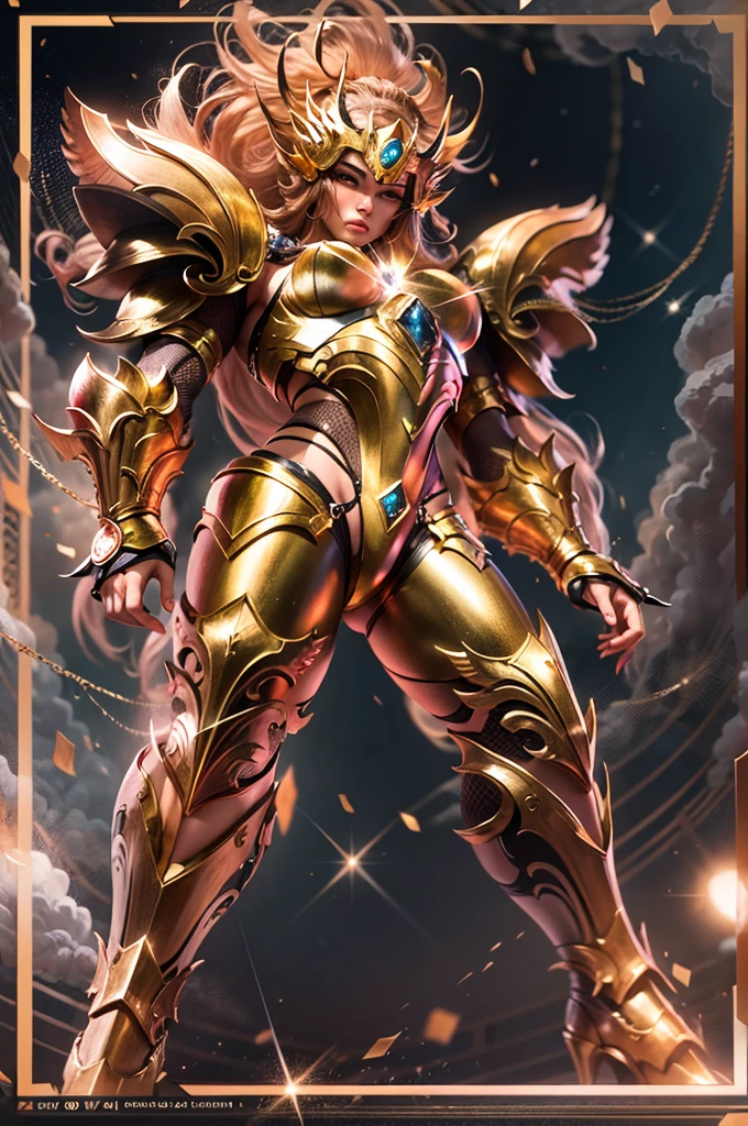 Beautiful female Saint Seiya, Seductive body,In bright lights, The exquisite depiction of Saint Seiya wearing his iconic golden armor is very eye-catching. The armor sparkles,Realistic details,Ultra-realistic, Emphasis on every detail and complexity. The Saint Seiya character stands tall, Radiates a sense of strength and determination, Their eyes sparkle,Delicate lips. The whole scene is set against a clean background, Focus the audience's attention entirely on the protagonists and their golden armor. The universe as background, The sky is full of nebulae and stars, Create a sense of awe and grandeur. The colors in the scene are bright and vivid, Enhance the overall visual effect. The lighting is cleverly arranged, Highlight the main character,Capture the essence of the original Saint Seiya series. Highest image quality, Resolution is 8k, Make sure every detail is clearly visible. This work is popular,The talent of the artist is showcased,Create a highly detailed and visually appealing version of Saint Seiya wearing golden armor.