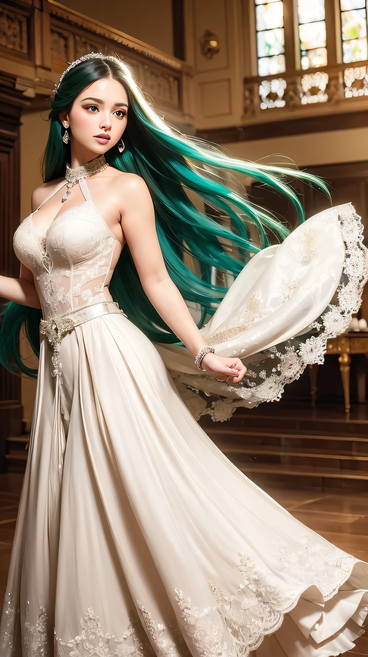 ((best quality)), ((masterpiece)), (detailed),(Stunning) A beautiful 30-year-old girl in a wedding dress twirling and dancing with long hair,green eyes ,Real and bright face, in a large wedding hall,A dress with a lace collar