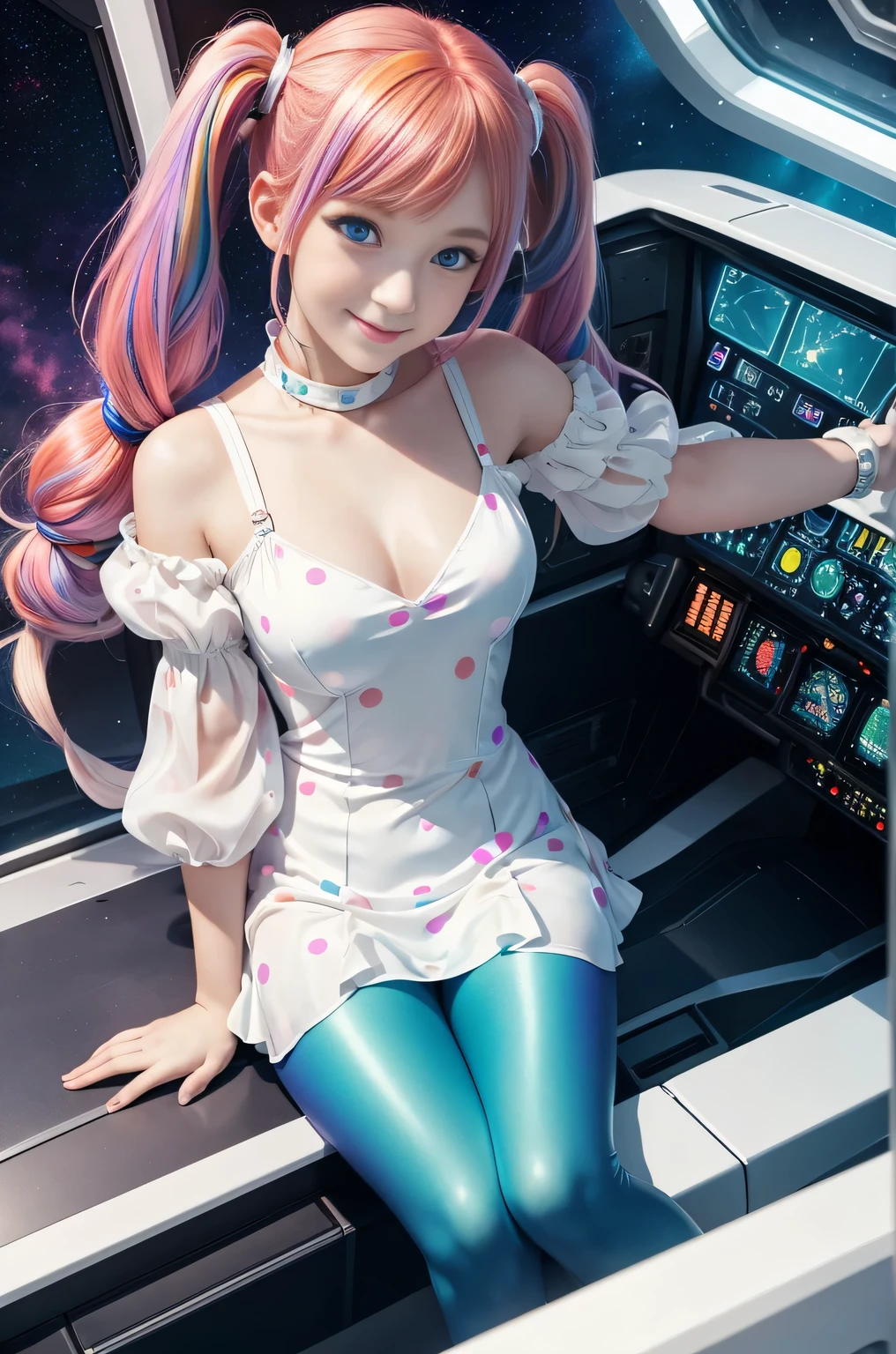 (overhead view) Cute redhead with rainbow colored hair tips, ribbons in her hair, 18-year-old woman, happy, smiling, in twin tails, perfect eyes, clear sparkling blue eyes, pale skin, silky smooth white skin, alabaster skin, flying a fancy metal luxurious space ship, futuristic cockpit, she's a pilot, outer space seen in windows, dark warm lighting, wearing a futuristic dress, low cut top, pleated (chemise) mini dress (pastel rainbow colors, and polka dots), puffy sleeves silk, wearing colorful leggings/tights.