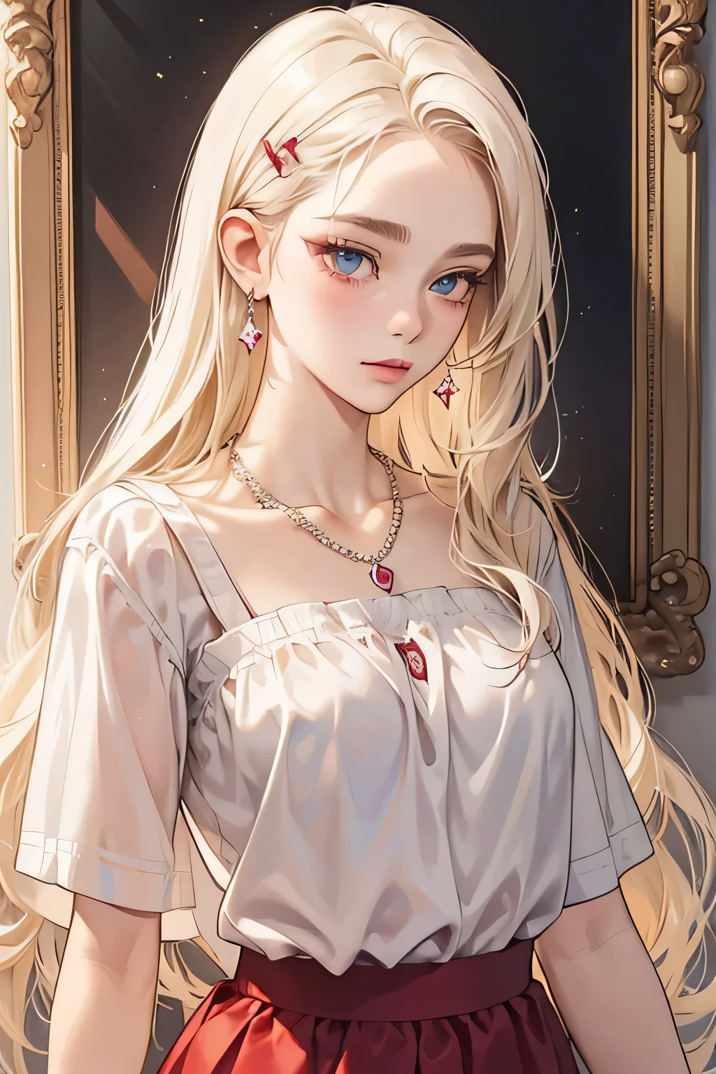 (extreamly delicate and beautiful:1.2), 8K,(masterpiece:1.0),(best_quality:1.0), 1 girl,model and intricate detailing, Enlarged textures, and intricate detailing, finely eye and detailed face, and intricate detailing, shiraga, platinum blonde curls long hair, (closed mouths), Perfect eyes, Equal eyes, carolina eyes (A famale god) with white polo crop short sleeved shirt and red maroon short skirt, carolina eyes perfect, perfect, earing, hairpin, perfect body, sexy body, carolina blue perfect eyes, lips ????, necklace, little blush on nude