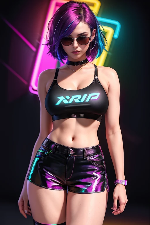 there is a woman standing with a rainbow light, 3 d neon art of a womans body, neon-noir background, cyberpunk femme fatale, seductive cyberpunk dark fantasy, ((tight shorts:1.4)), cyberpunk strip clubs, cyberpunk 20 y. o model girl, oppai cyberpunk, banner, high definition cgsociety, cgsociety masterpiece, trending on cgstation, kda