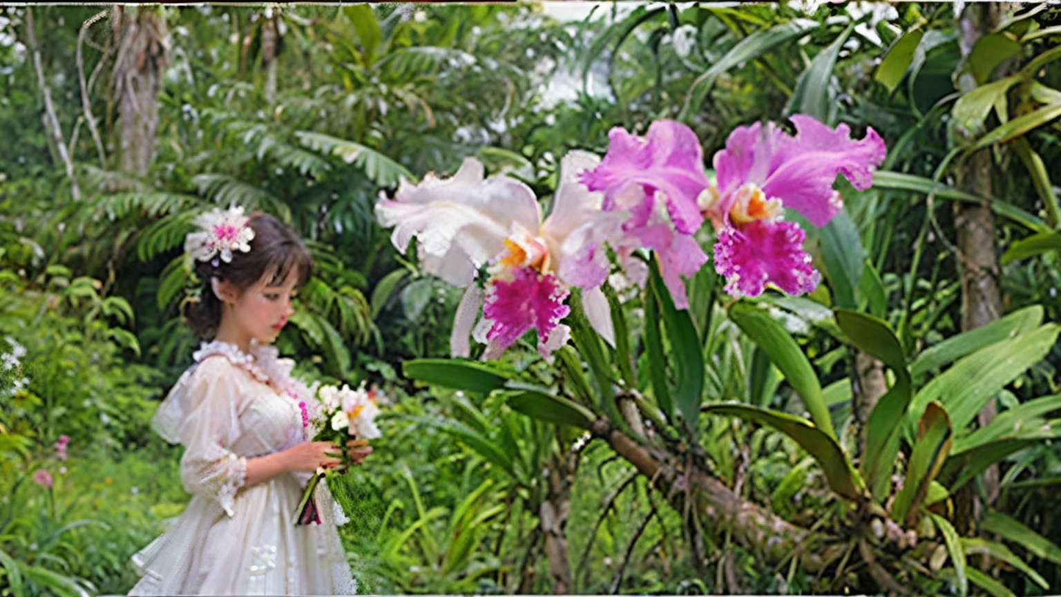 (masterpiece, highest quality:1.2), (Woman in white dress、Cattleya flower in hand)、(cattleya, solo, 3-flowers, close-up, full body, full bloom, nature, habitat )、Soft Focus、Blur the background、White background、Impressionist style、Sargent's watercolor style、