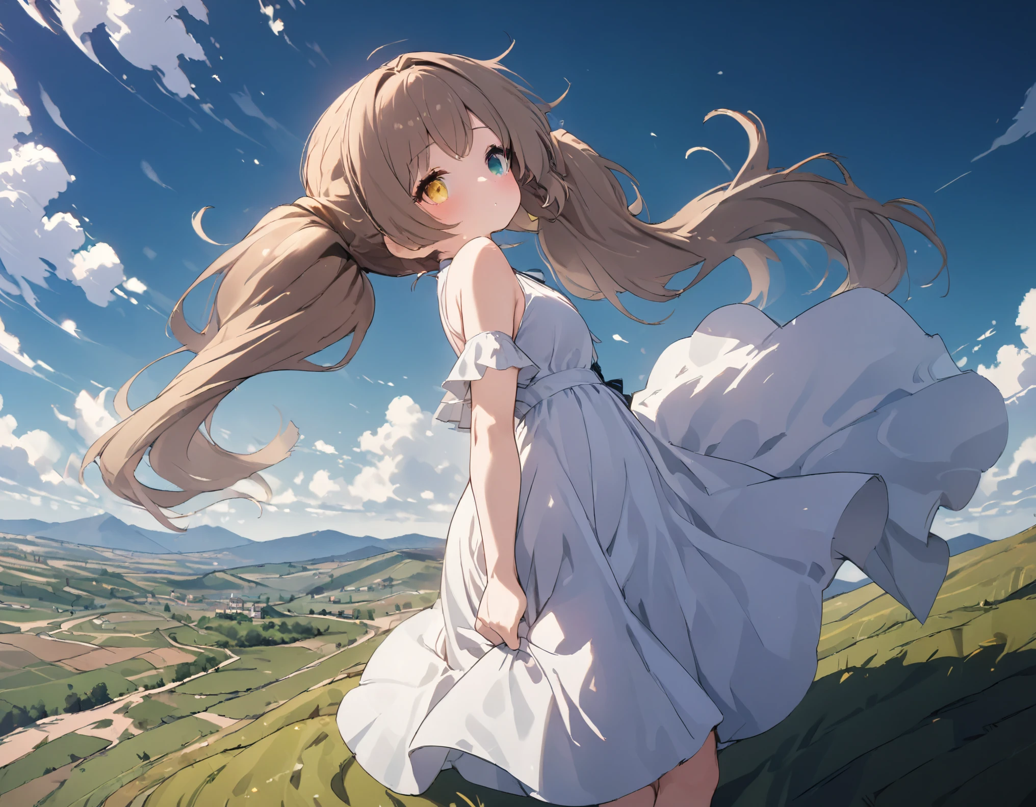 (((masterpiece, highest quality,8k))),Twin tails,Brown Hair,short hair,tareme:1.6,(heterochromia green eye yellow eye),(looking away),(full body),( wide shot),shoot from below,White dress,long dress,Hair blowing in the wind,Standing on a windy hill,(hair flip)