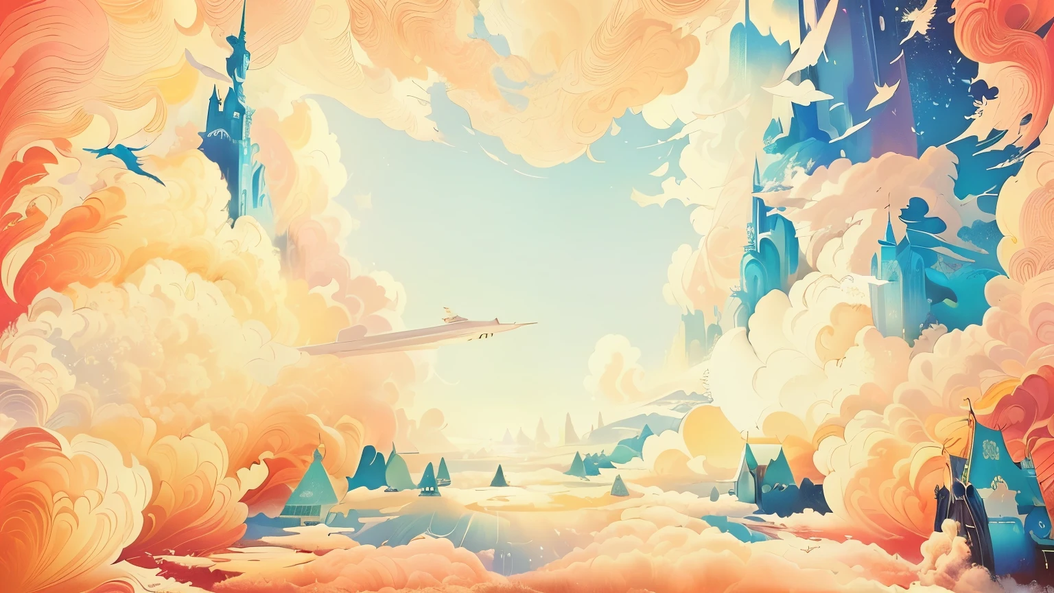 There is a painting,There are birds flying in the sky in the painting, luminous sky Heaven Background, Fairy tale style background, Lying in the fairyland on the white clouds, Magic cloud background, Heaven Background, in the white clouds fairyland, background heavenly sky, Ethereal Background, Background Air Combat, Colorful anime background, Sky forest background, Sacred Background, ceremonial clouds, background technology