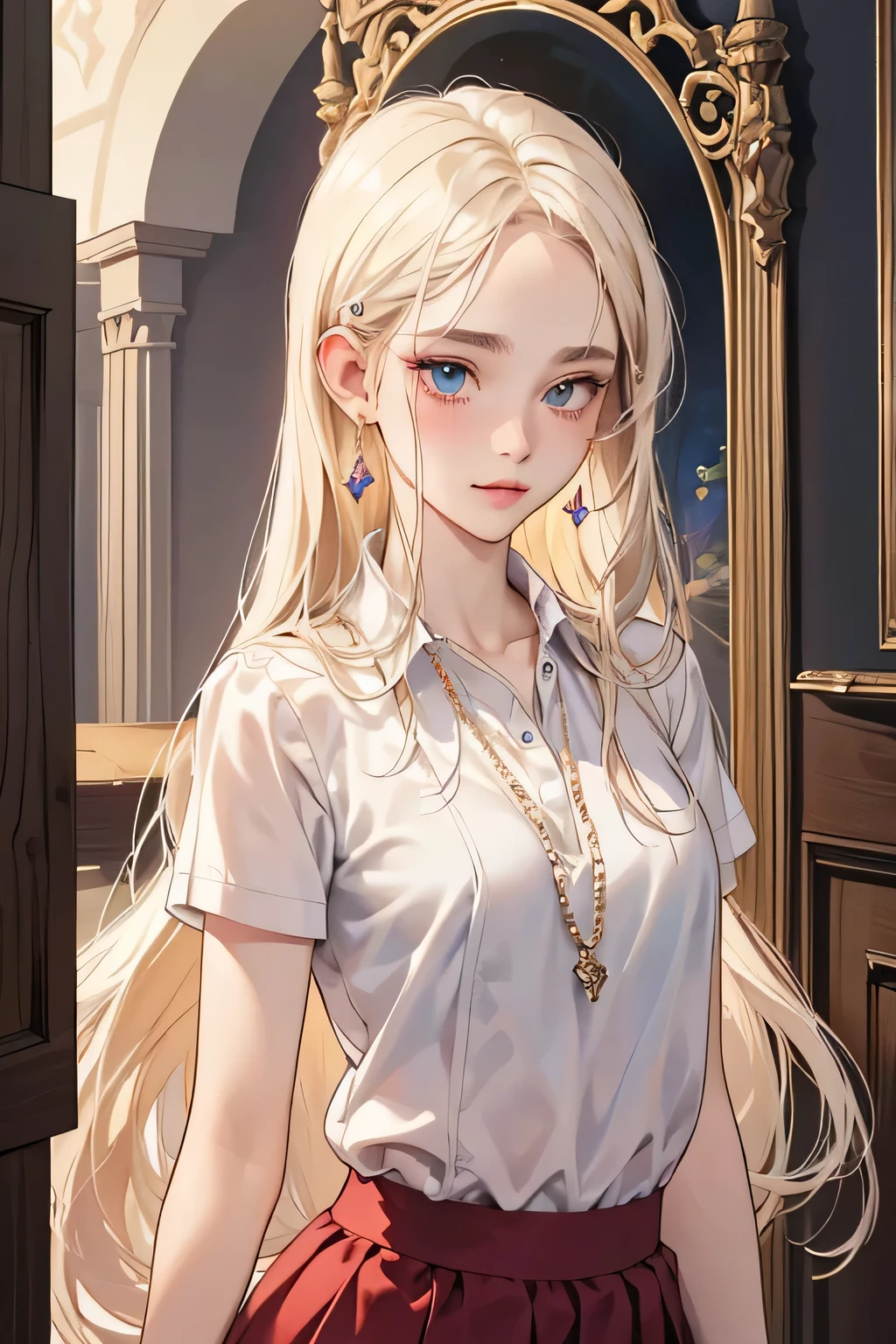 (extreamly delicate and beautiful:1.2), 8K,(masterpiece:1.0),(best_quality:1.0), 1 girl,model and intricate detailing, Enlarged textures, and intricate detailing, finely eye and detailed face, and intricate detailing, shiraga, platinum blonde curls long hair, (closed mouths), Perfect eyes, Equal eyes, carolina eyes (A famale god) with white polo crop short sleeved shirt and red maroon short skirt, carolina eyes perfect, perfect, earing, hairpin, perfect body, sexy body, carolina blue perfect eyes, lips nude, necklace, little blush on nude