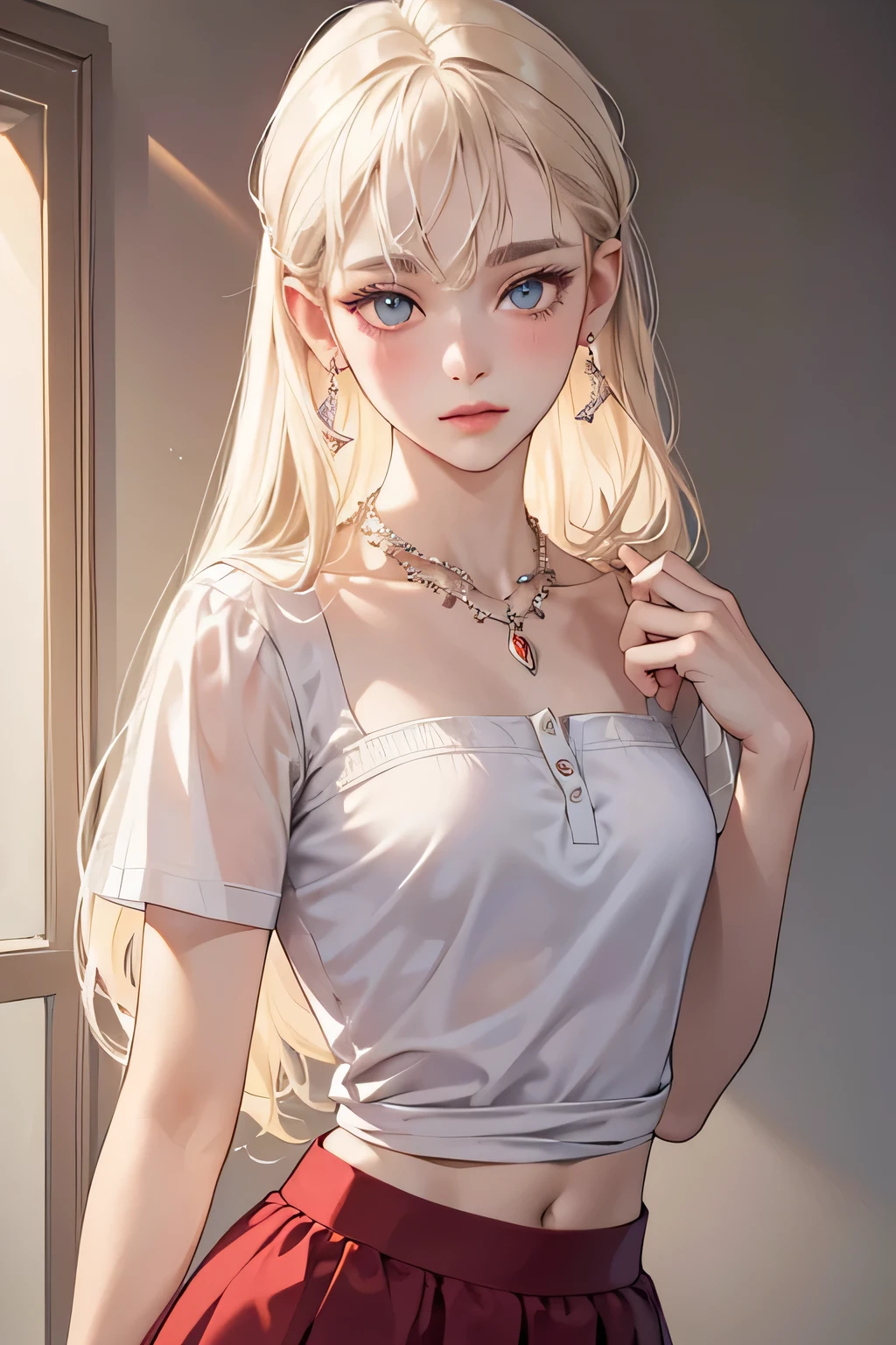 (extreamly delicate and beautiful:1.2), 8K,(masterpiece:1.0),(best_quality:1.0), 1 girl,model and intricate detailing, Enlarged textures, and intricate detailing, finely eye and detailed face, and intricate detailing, shiraga, platinum blonde curls long hair, (closed mouths), Perfect eyes, Equal eyes, carolina eyes (A famale god) with white polo crop short sleeved shirt and red maroon short skirt, carolina eyes perfect, perfect, earing, hairpin, perfect body, sexy body, carolina blue perfect eyes, lips nude, necklace, little blush on nude