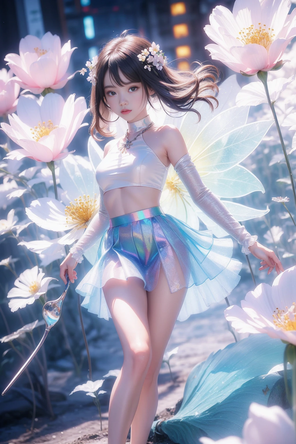 (((girl)),mini skirt,Iridescent colors,(Flower Fairy),(Rich colors),spring,Arthur effect, Transparent body, Gradient translucent glass melt, Caustics, Clear glass texture, Iridescent colors, design:Dietrams, Simple, Shining in every detail, White background, 工業design, Studio Lighting, c4d, OC Renderer, Beautiful shadows, 4K