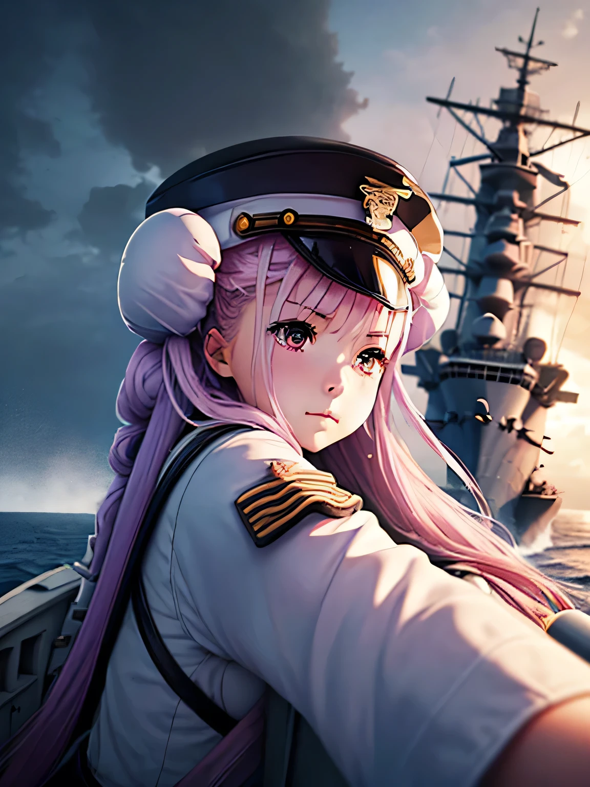 High quality photos、High resolution、Photorealistic、Ultra HD Photos、Highly detailed textures、1 Large Battleships、Portrait of a Battleship、turret、Double-barrel、Missile launch、Ships sailing in the vast ocean、Big ocean waves、bad weather、Dark Sky、Forest island in background、Very heavy rain、Depiction from the side of the ship、(((The entire battleship)))、(((People are only faces)))、(((The face is thin)))、(((The face is blank)))、masterpiece, highest quality, High resolution, {Detailed and beautiful eyes}, finely,  Detailed and beautiful eyes,1 Girl, (alone:1.5),  (Hair Ribbon:0.4), Pink Eyes,(((Cinematic Angles))),perspective,(((White bun hair))),Long pink hair,(((Black Hat)))