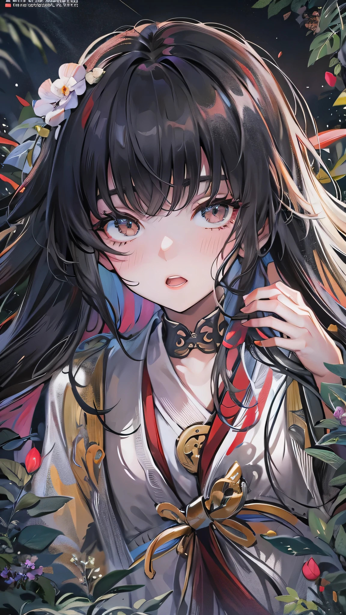 ((portrait)), (open white eyes with surprise:1.3) (solo blunt bangs black hair long hair cute shrine maiden girl, , open mouth), BREAK, (in the darkness:1.6, in night forest), perfect anatomy, masterpiece, best quality, 16k.