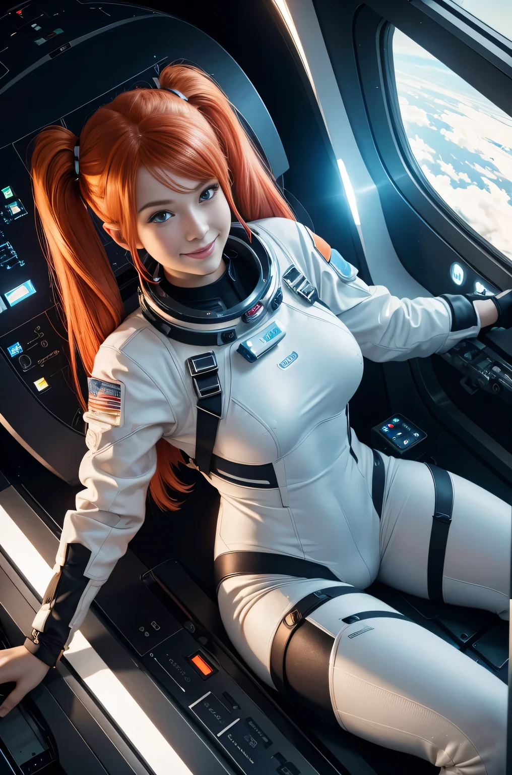 (overhead view) Cute redhead with rainbow colored hair tips, ribbons in her hair, 18-year-old woman, happy, smiling, in twin tails, perfect eyes, clear sparkling blue eyes, pale skin, silky smooth skin, flying a fancy metal luxurious space ship, futuristic cockpit, she's a pilot, outer space seen in windows, dark warm lighting, futuristic astronaut suit, anatomically correct, bare bottom, open legs, Best quality, high detailed, Masterpiece, Cinematic Lighting, 4K, wet and see-through.