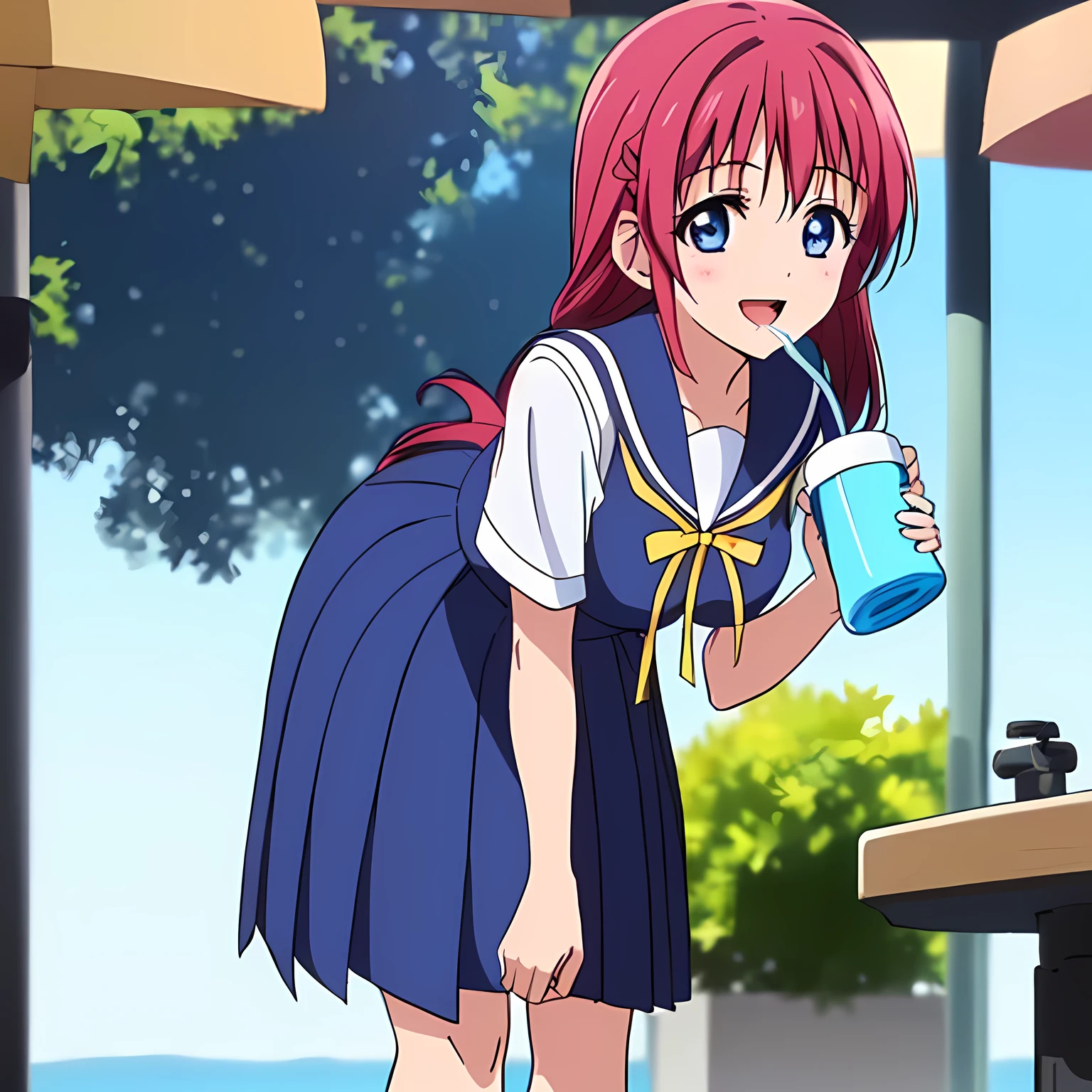 highest quality, (masterpiece:1.2), Very detailed, Game CG, ((((Very beautiful school uniform１A girl is bending over and drinking water)))), ((The girl everyone loves)), (((Very beautiful pink hair))), ((((Yellow sailor suit)))), ((Sailor uniforms have blue lines)), ((Dark navy blue checked long skirt)), ((((Very beautiful and shining eyes)))), ((Very long eyelashes)), A big red ribbon on the chest, ((An elegant expression like a noble princess)), (((Beautiful and great smile))), Small face and great posture, ((Give the viewer a heavenly feeling of happiness)), (((Blur the background))), ((A very compassionate face)), ((Anime heroine smiling and open mouth)), ((Slender and shapely breasts)), ((drinking water from park drinking fountain)), ((Shooting from behind))