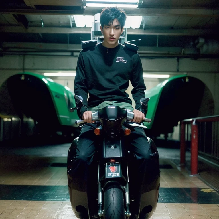 Highest image quality, outstanding details, ultra-high resolution, (realism: 1.4), the best illustration, favor details, highly condensed 1boy, with a delicate and handsome face, dressed in a black and green sexy mecha,holding a directional controller, riding on a motorcycle, the background is a high-tech lighting scene of the future city. ,(( full length shot(fls) )), wide pelvis , wide hips , bare thighs , (handsome face ) ,  , sexy , nsfw , eroticism , micro thongs , crotch, thick thighs