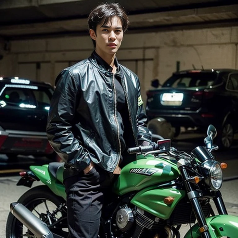Highest image quality, outstanding details, ultra-high resolution, (realism: 1.4), the best illustration, favor details, highly condensed 1boy, with a delicate and handsome face, dressed in a black and green sexy mecha,holding a directional controller, riding on a motorcycle, the background is a high-tech lighting scene of the future city. ,(( full length shot(fls) )), wide pelvis , wide hips , bare thighs , (handsome face ) ,  , sexy , nsfw , eroticism , micro thongs , crotch, thick thighs