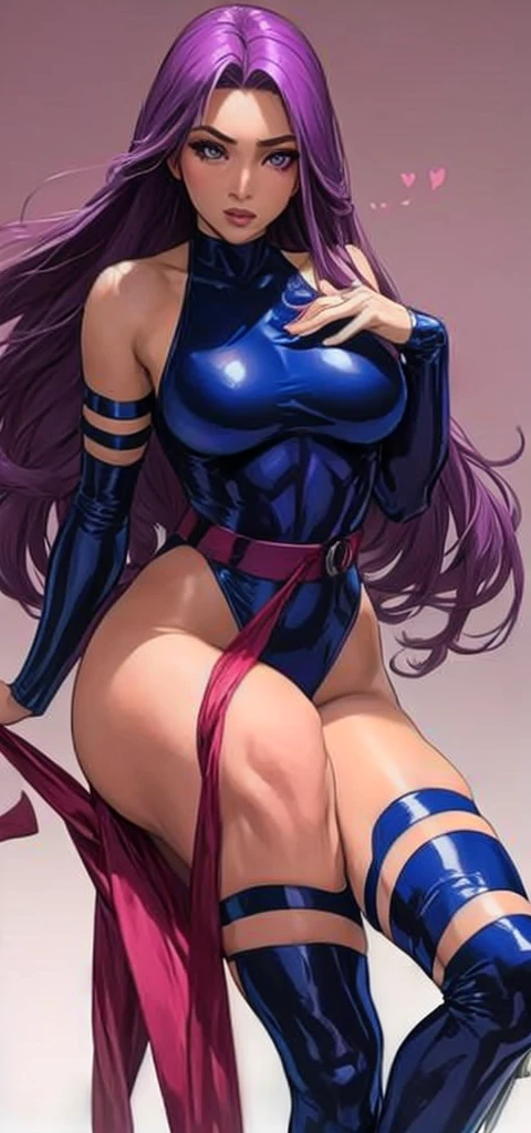 Psylocke with big  and long legs stands blushing and blowing kisses。