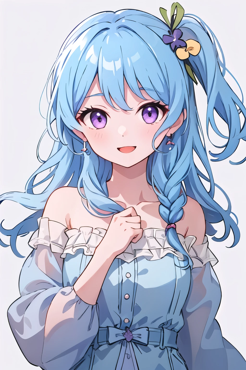 highest quality, (masterpiece:1.2), detailed,
One Girl, alone,
Light blue hair, Purple Eyes,cute,Beautiful Skin,smile,