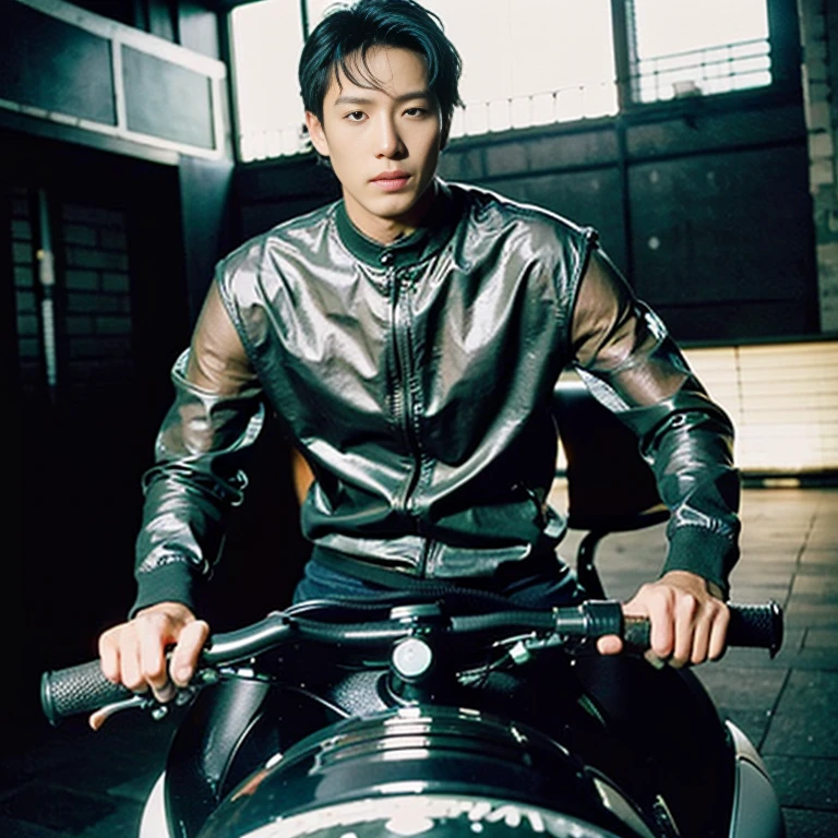 Highest image quality, outstanding details, ultra-high resolution, (realism: 1.4), the best illustration, favor details, highly condensed 1boy, with a delicate and handsome face, dressed in a black and green sexy mecha,holding a directional controller, riding on a motorcycle, the background is a high-tech lighting scene of the future city. ,(( full length shot(fls) )), wide pelvis , wide hips , bare thighs , (handsome face ) ,  , sexy , nsfw , eroticism , micro thongs , ??????, thick thighs