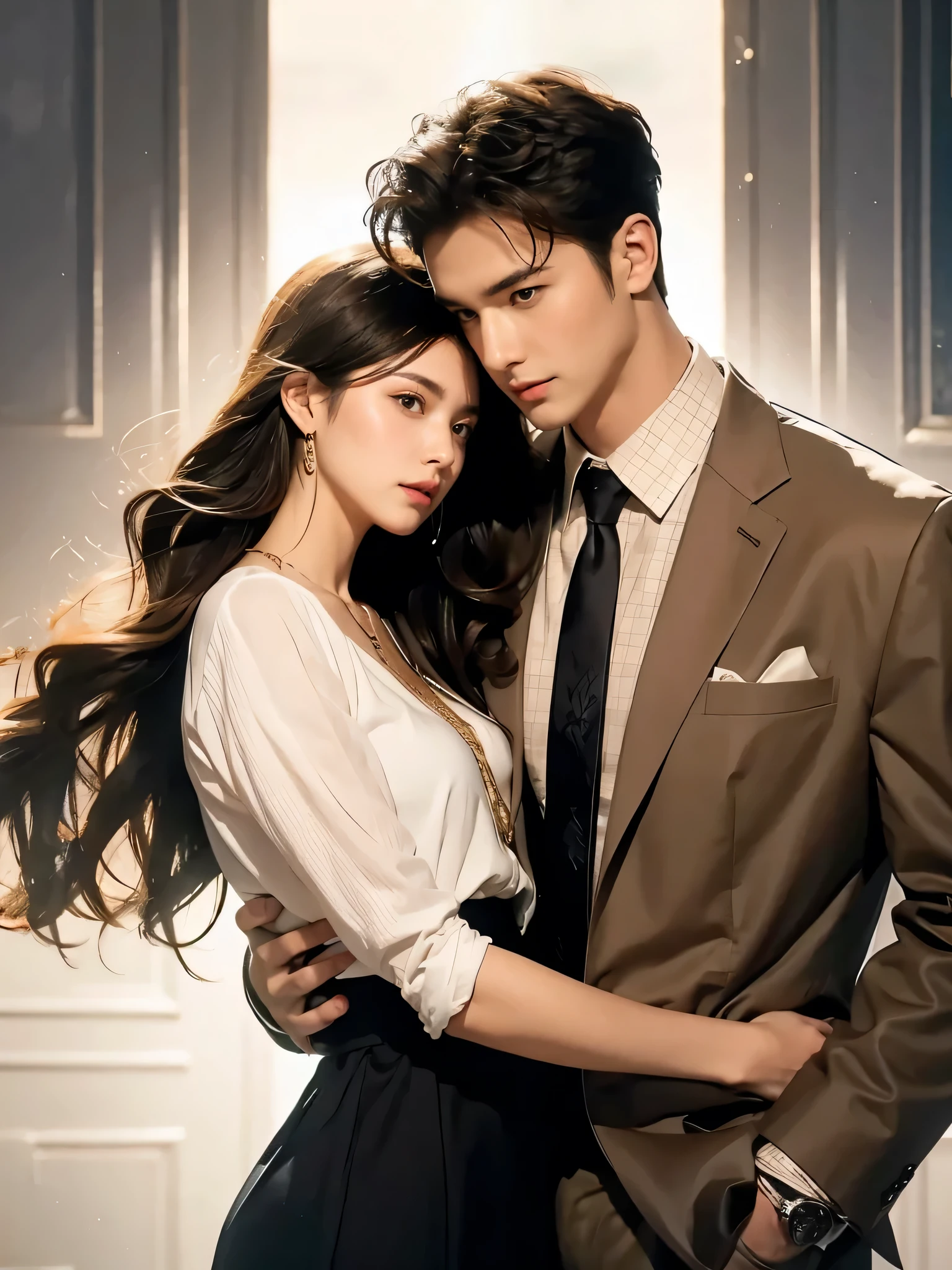 best quality,outstanding,Man holding woman's waist,Man wearing white shirt and suit pants,Woman in dress,Look at the camera with a smile,Background white,Beautiful face,Facial details,HD