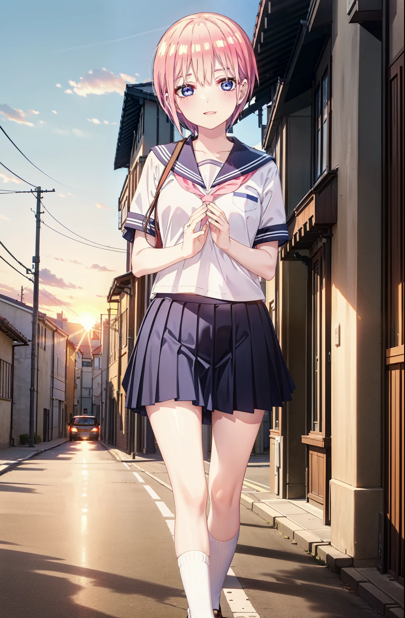 ichikanakano, ichika nakano, short hair, bangs, blue eyes, Hair between the eyes, Pink Hair, smile,happy smile, smile, Open your mouth,Big Breasts,Japanese girl(Red Sailor Suit),Short sleeve,Black pleated skirt,White knee socks,Brown Loafers,evening,Sunset,The sun is setting,sunny,whole bodyがイラストが入るように,Looking up from below,Walking,
break outdoors, In town,Building district,
break looking at viewer, whole body,
break (masterpiece:1.2), highest quality, High resolution, unity 8k wallpaper, (shape:0.8), (Beautiful details:1.6), Highly detailed face, Perfect lighting, Highly detailed CG, (Perfect hands, Perfect Anatomy),