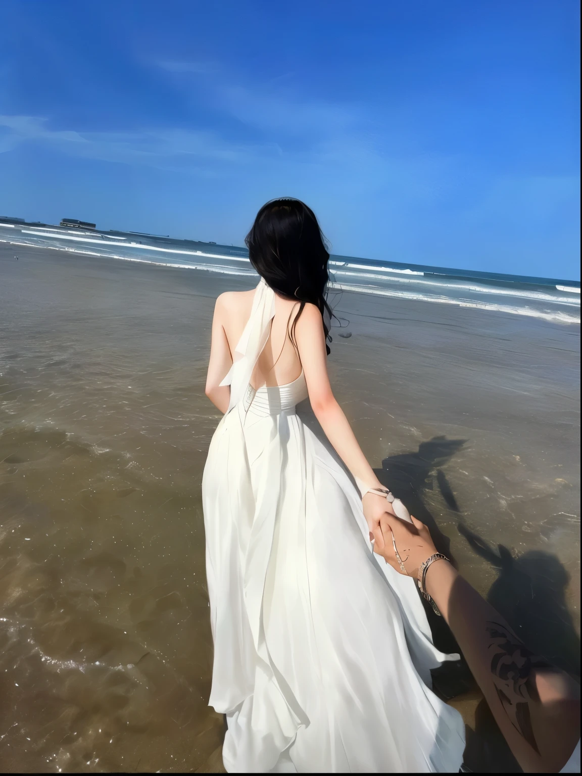 Araffe lady in white dress holding a man&#39;s hand walking on the beach, 白色Long skirt, in a 白色Long skirt, Long skirt, wearing a white floating dress, Elegant white dress, beautiful 白色Long skirt, At the beach, 🤬 🤮 💕 🎀, taken in 2 0 2 0, floating dress, away from camera