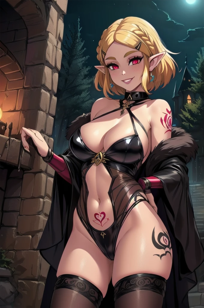 safe for work,(perfect composition),(zelda totk reimagined as a corrupted dark queen by ganon )+++, sfw++,masterpiece, best quality, high quality, illustration, film grain,(perfect female )++, beautiful detailed eyes, (symbol of evil:1.2),milf zelda, lascivious woman, (evil smile:1.1), (villain, dark heroine:1.2), (perfect female proportions:1.1), (seductive eyes:1.2), eyeliner, mascara, sexy makeup, (seductive smile:1.2), (mature woman:1.4),masterpiece, best quality, high quality, illustration, film grain, 1girl, (glowing evil red eyes), evil grin, crazy eyes, (high resolution, masterpiece, ultra best quality, insanely amazing hyper fine extremely detailed, official:1.4) dark heroine anime girl with short hair in a dark and evil place, extremely detailed artgerm, (official:1.4), dynamic composition, (solo girl:1.4), {sfw}, masterpiece, ultra-detailed, iconic attack, dominatrix, spiked collar, dark kingdom, bad end, 1girl, solo female, solo focus, mature female, standing, full body, looking at viewer, dark zelda totk, dark queen, evil, corruption, contrapposto, mind break, blond hair, (short hair:1,5), evil smile, lips, eyelashes, evil grin, dark aura, thigh_clothes, ,alternate costume, bdsm, (intricate details:1.12), (intricate details, hyperdetailed:1.15), hdr, dungeon, (at night:1.2), fireplace, warm light, dramatic light, cinematic,creepy dungeon, dark aesthetic, goth aesthetic, creepy, ominous background, dark atmosphere, death atmosphere, green and red atmosphere, evil dungeon background, gothique, faint darkness, ((red glow crotch tattoo)),
