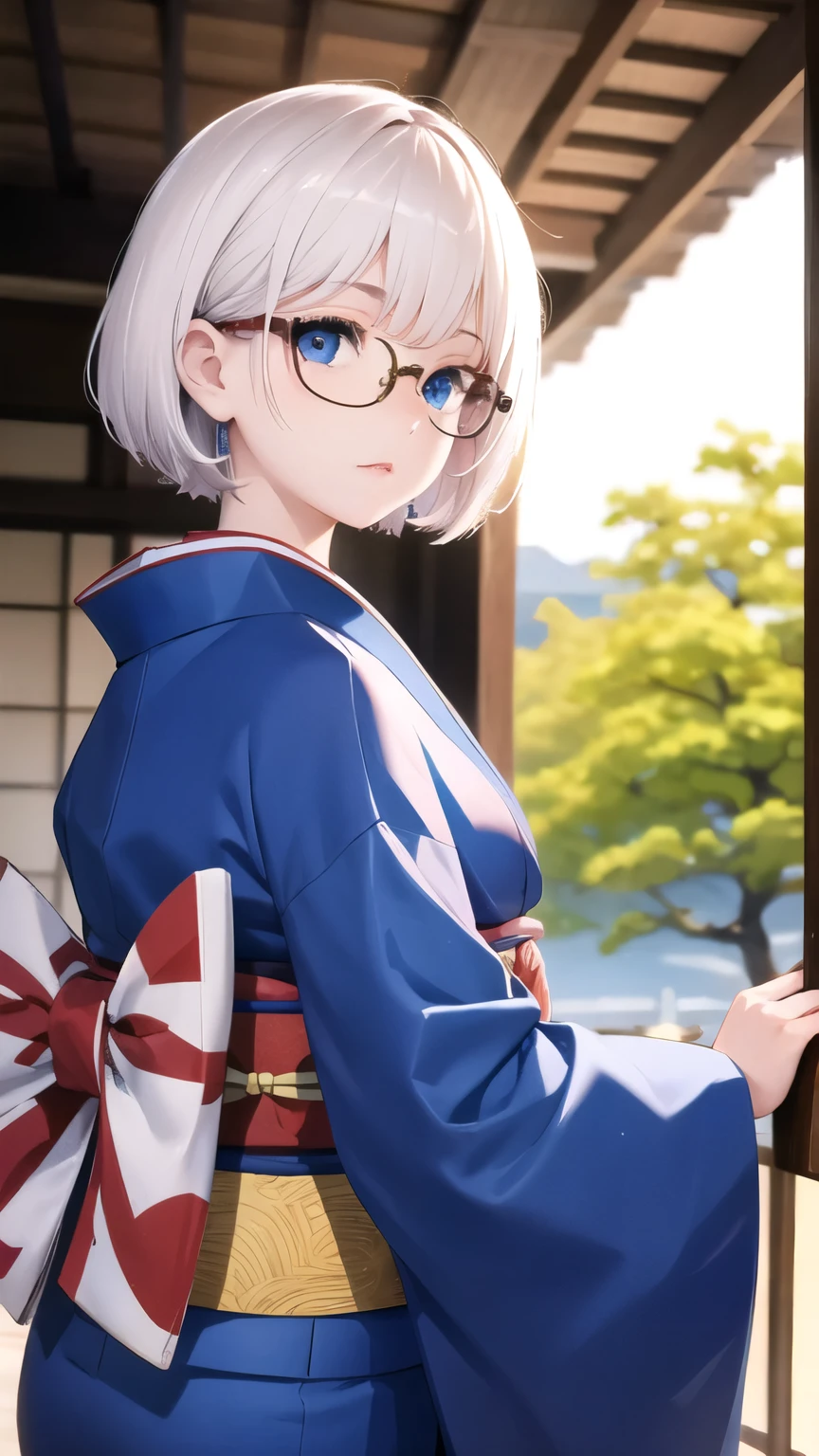 1Lady, short white hair, bangs, blue eyes, glasses, blue kimono, traditional japanese, high res, ultrasharp, 8K, masterpiece, looking at viewer, sunny, Japanese scenery