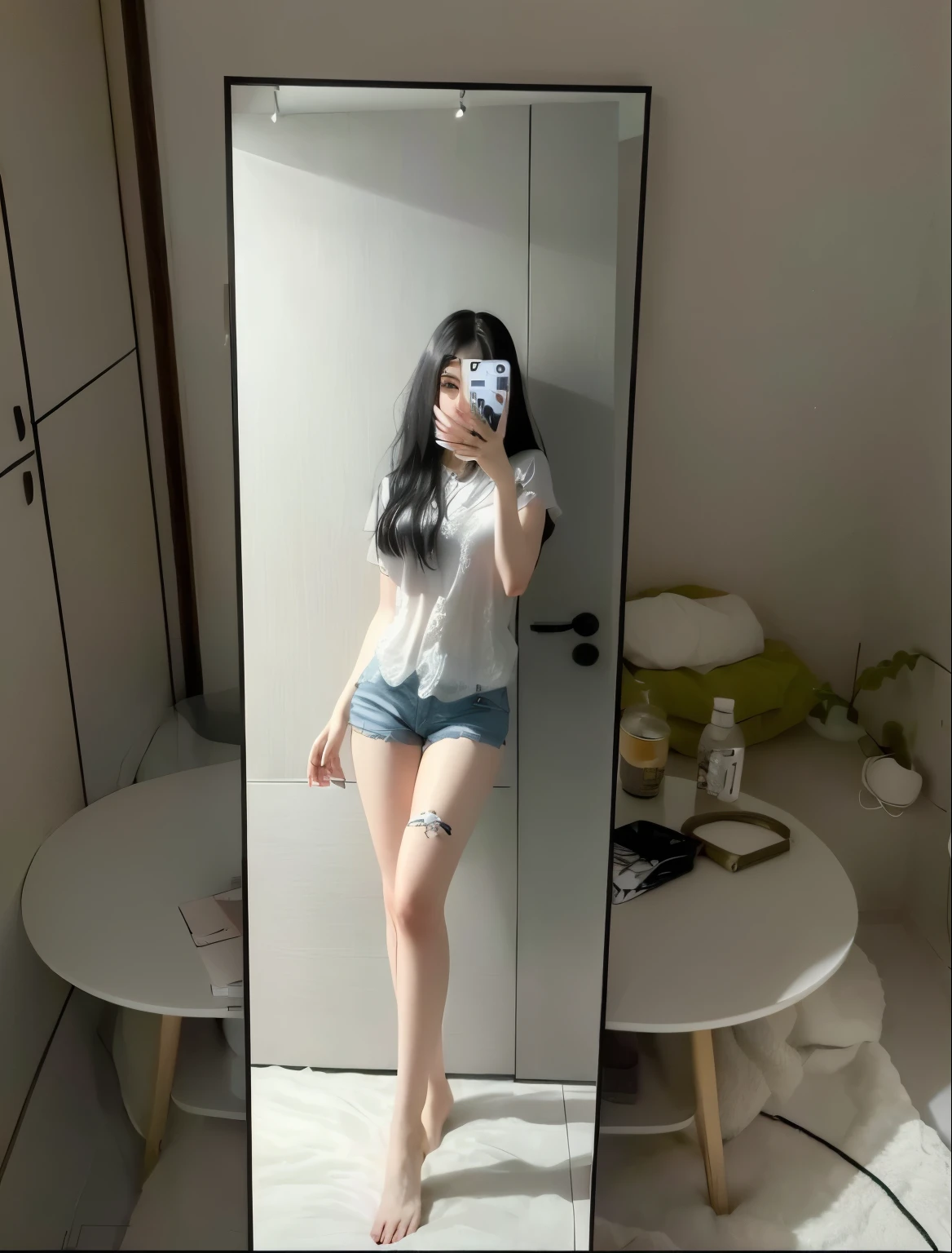 有一位女士正在对着mirror selfie, Photos of slim girls, Ulzan, 2 4--old female model, Photos of slim girls model, Full body pictures, Clothing photos, short sidetails, Standing in front of the mirror, 19 year old girl, mirror selfie, Thin waist, Posing in the bedroom