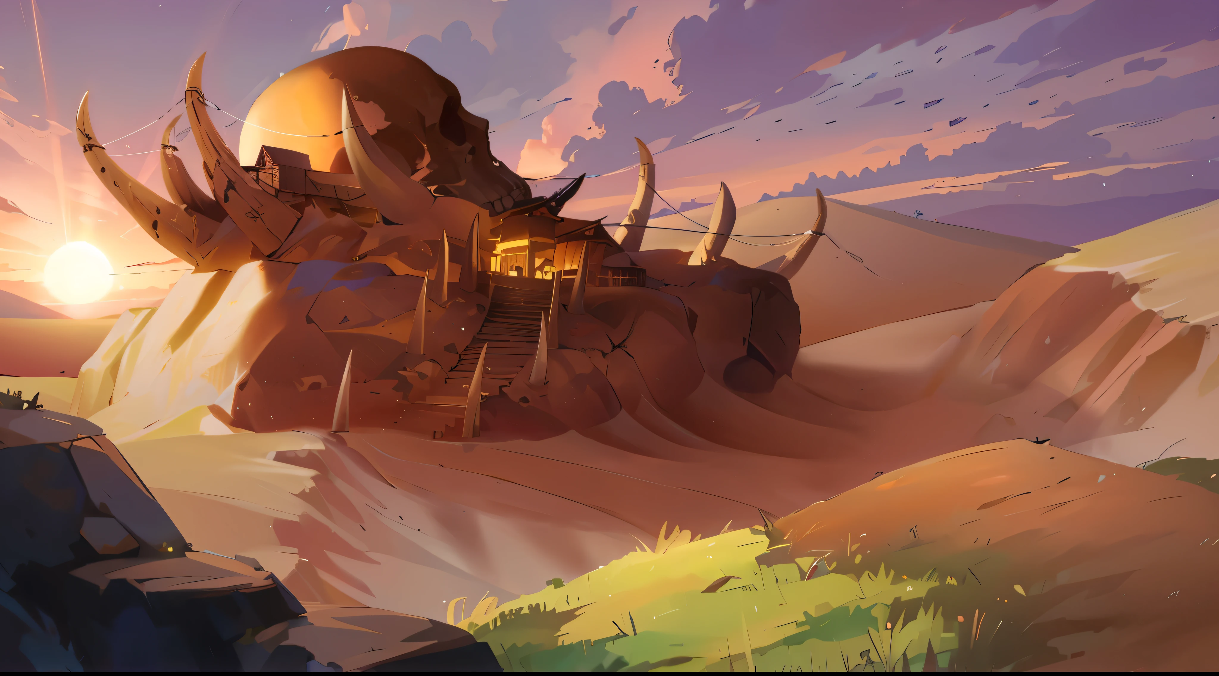 stone, edge of cliff, giant skull on the top of sand hill, in the middle of desert,
